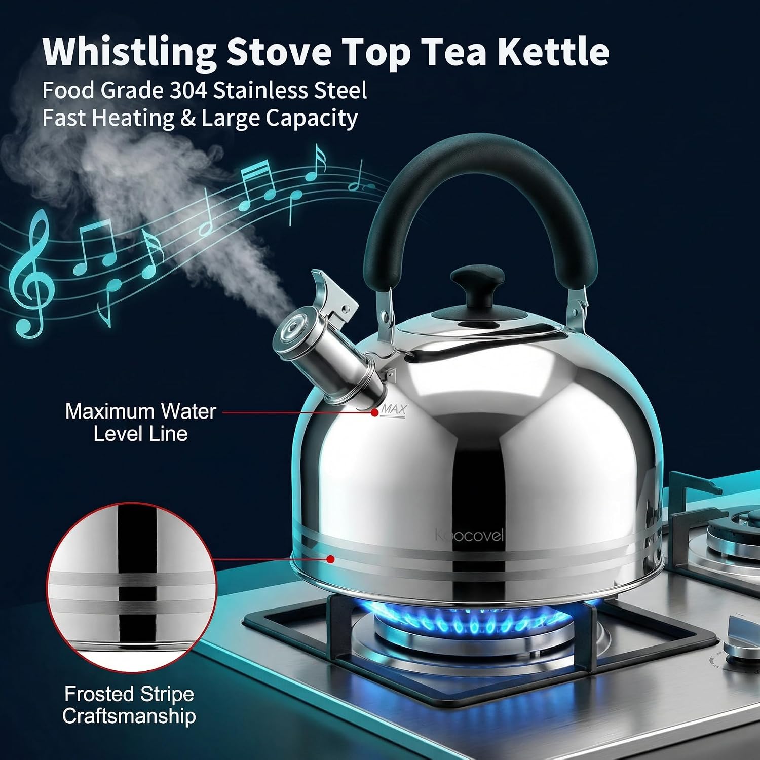 Whistling Tea Kettle for Stove Top,304 Stainless Steel Tea Kettles,6L/6.3QT Tea Kettles for Kitchen,Camping,Traveling,Portable,Fast to Boil