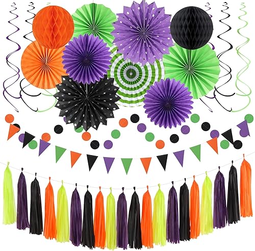 Decoraciones de fiesta de color naranja, negro, morado, verde, 33 piezas, bandera, guirnalda de borlas de serpentinas de Halloween, pompones de