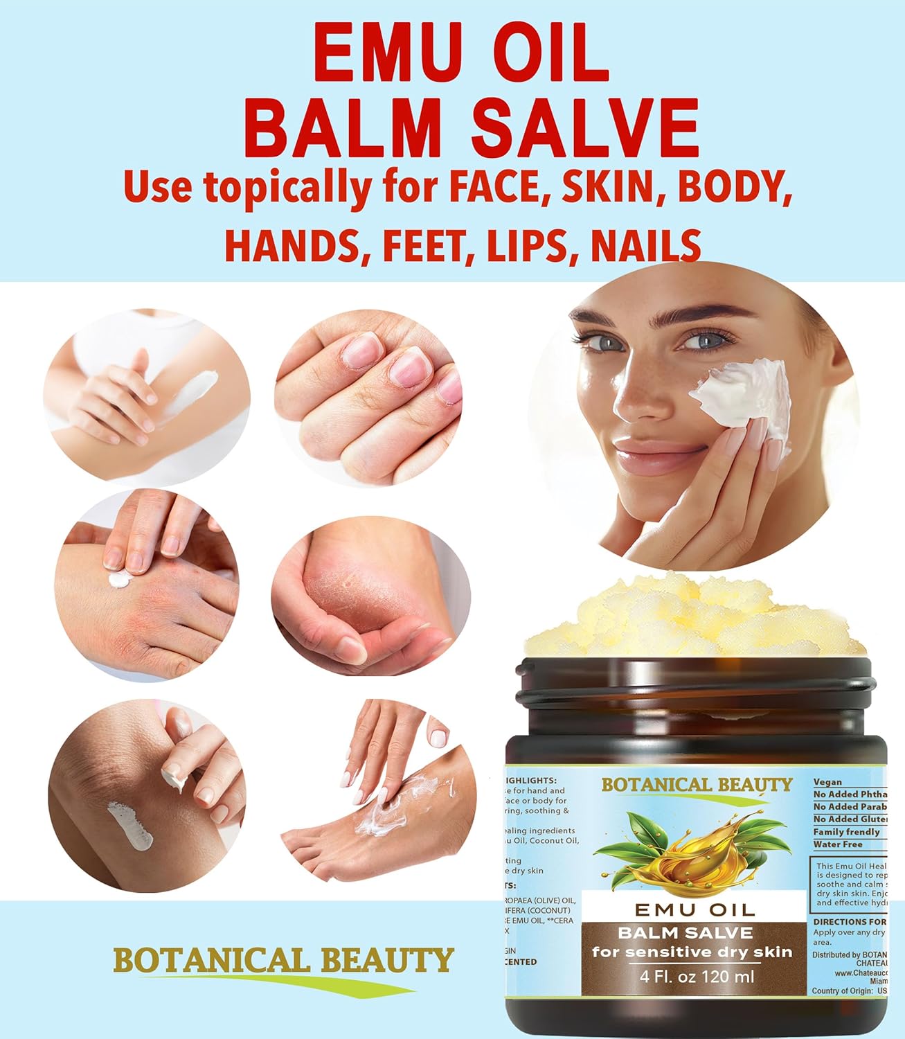 Botanical Beauty EMU OIL Balm Salve 100% Natural for SENSITIVE DRY SKIN for FACE, SKIN, BODY, HAIR, LIP, NAILS, Tattoo Aftercare. 4 Fl oz 120 ml HYDRATING, NOURISHING, SMOOTHENING, SOFTENING - Image 7
