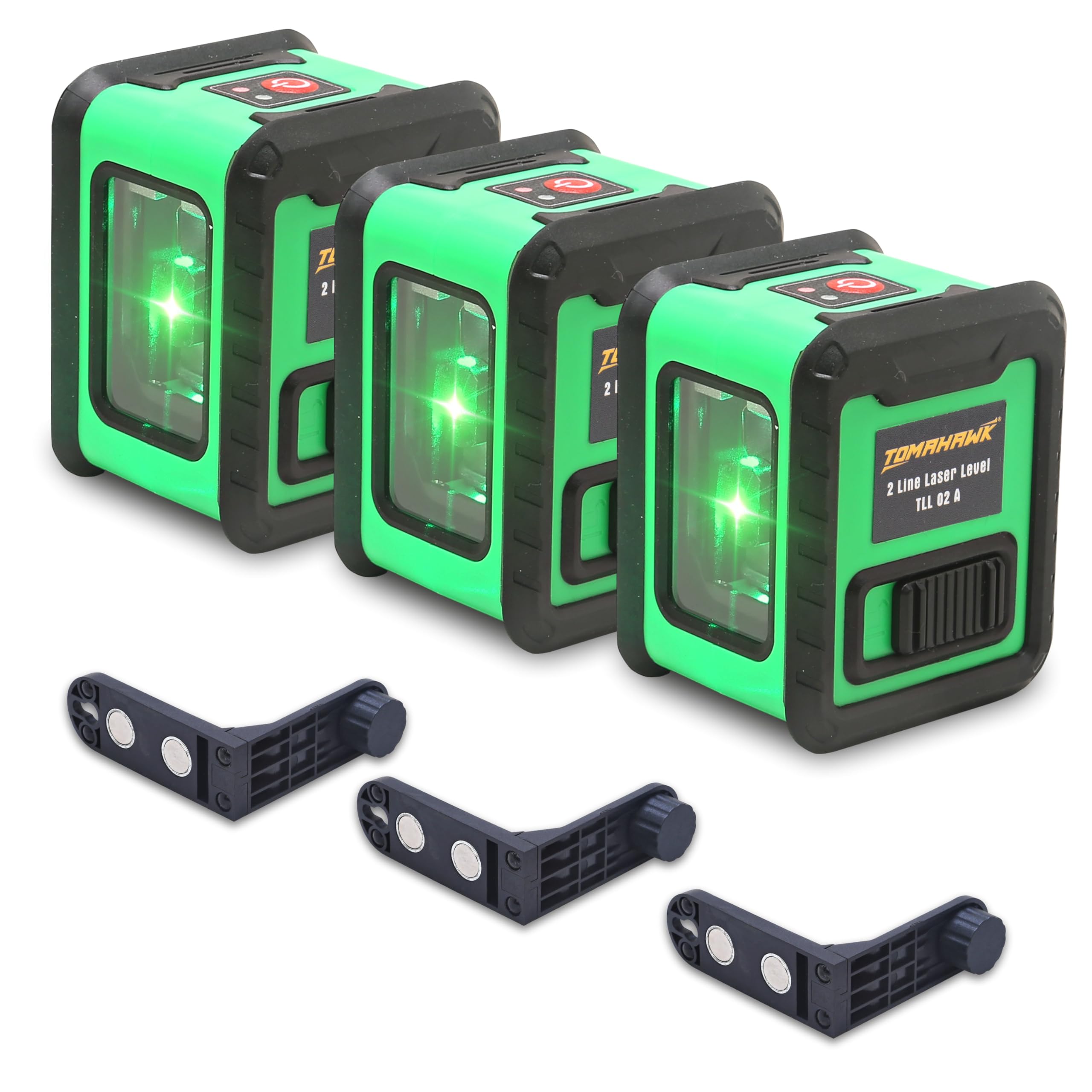 TOMAHAWK® TLL 02 - Compact 2 Green Line Laser Level - 98ft Green Cross Self-Levelling Laser Line for Construction with 360° Vertical/Horizontal Magnetic Base, Adjustable Brightness, Pack of 3