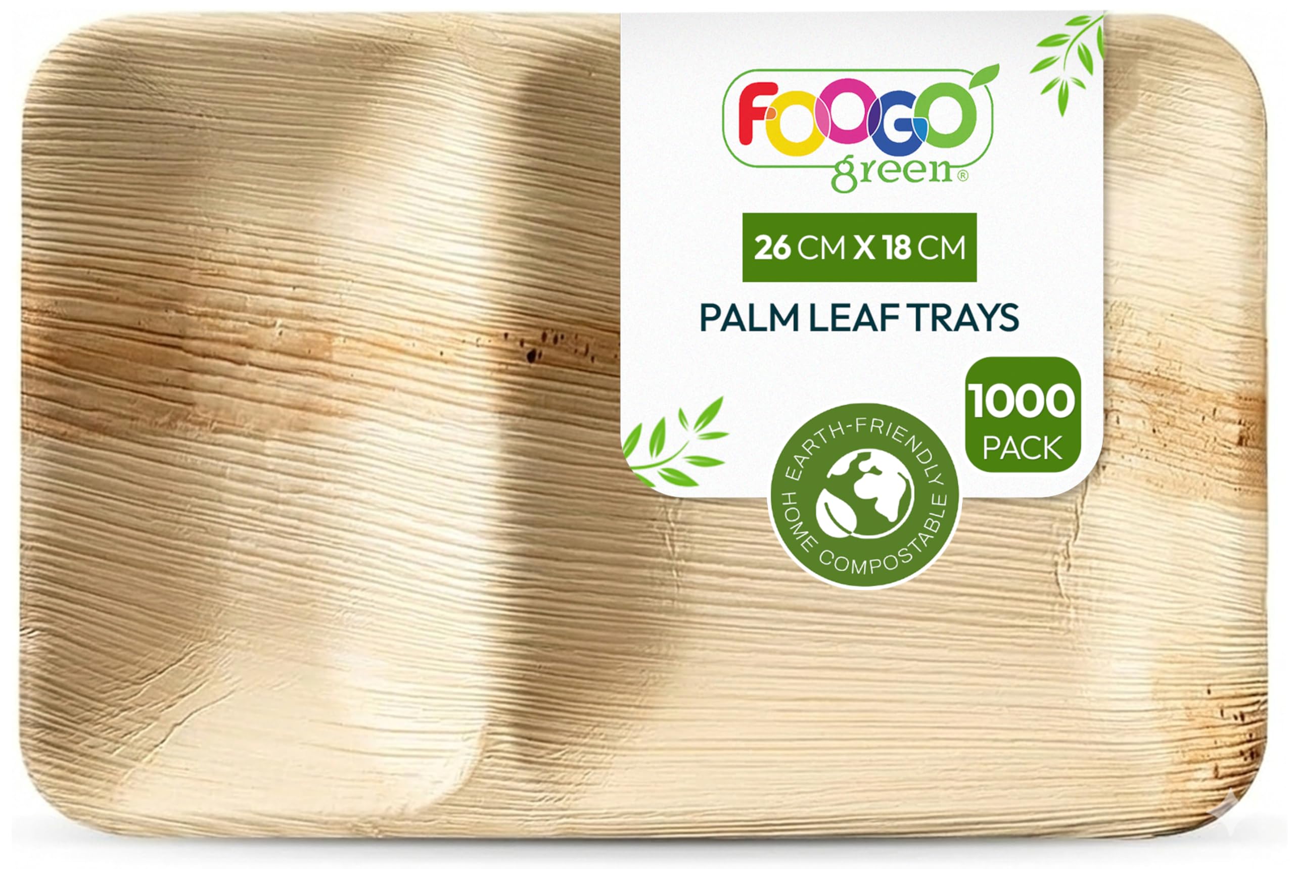 FOOGO Green 1000 Vassoi Monouso Foglia di Palma, Scomparti 26x18cm, Pizza | Biodegradabili e compostabili, resistenti a cibi caldi e unti, finitura naturale, per buffet, pizza e aperitivi