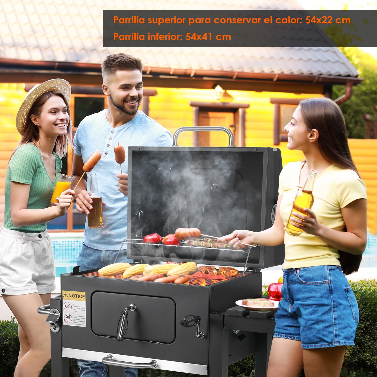 Parrilla barbacoa carbon, Barbacoas de carbon, Parrilla de Carbón Vegetal con Ruedas, Parrilla Barbacoa con tapa, BBQ en Jardín y Exteriores, Gran Capacidad, Negro, 116,3x105,5x55,7cm