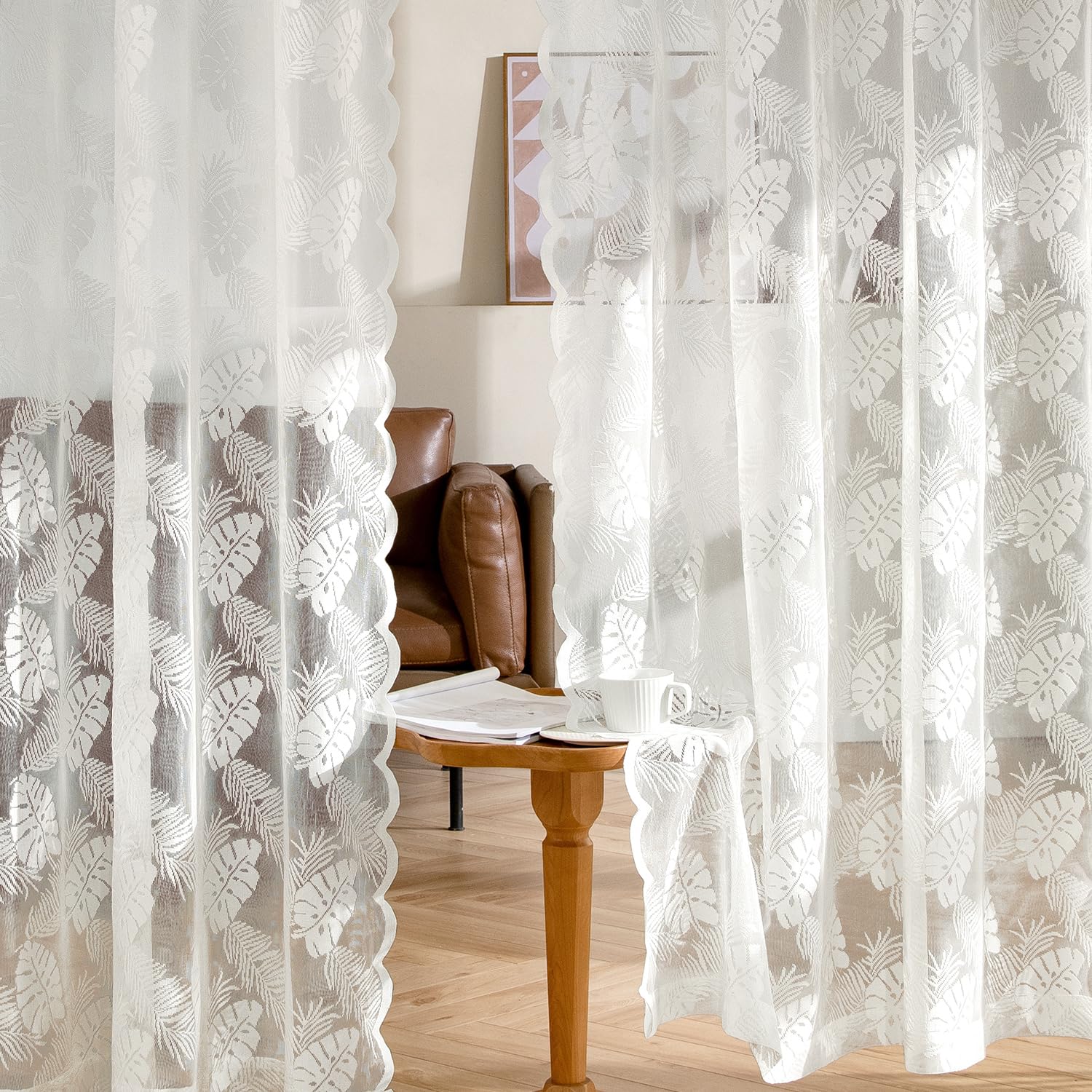 MIULEE Lot de 2 rideaux blancs en dentelle avec motif feuilles - Transparents - Avec œillets - En voile vintage - Style européen - Pour chambre à coucher et salon - 2 x H 260 x l 150 cm