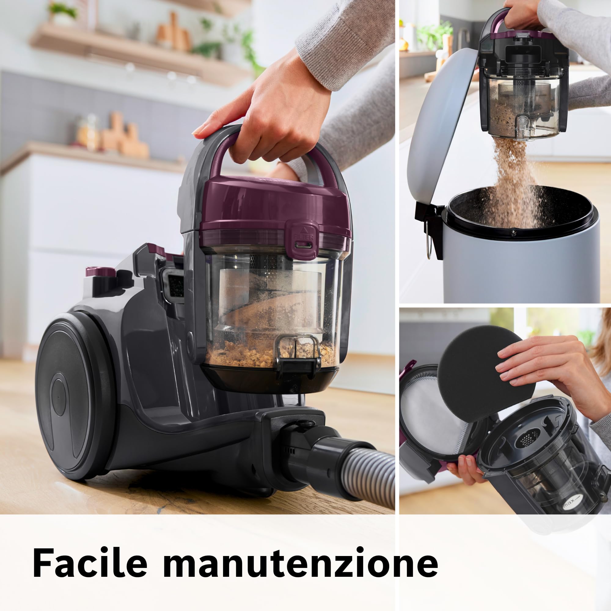 Bosch BGC05AAA1 Aspirapolvere a Traino Senza Sacco con Filtro Igienico PureAir, Design Compatto, Potente, Viola