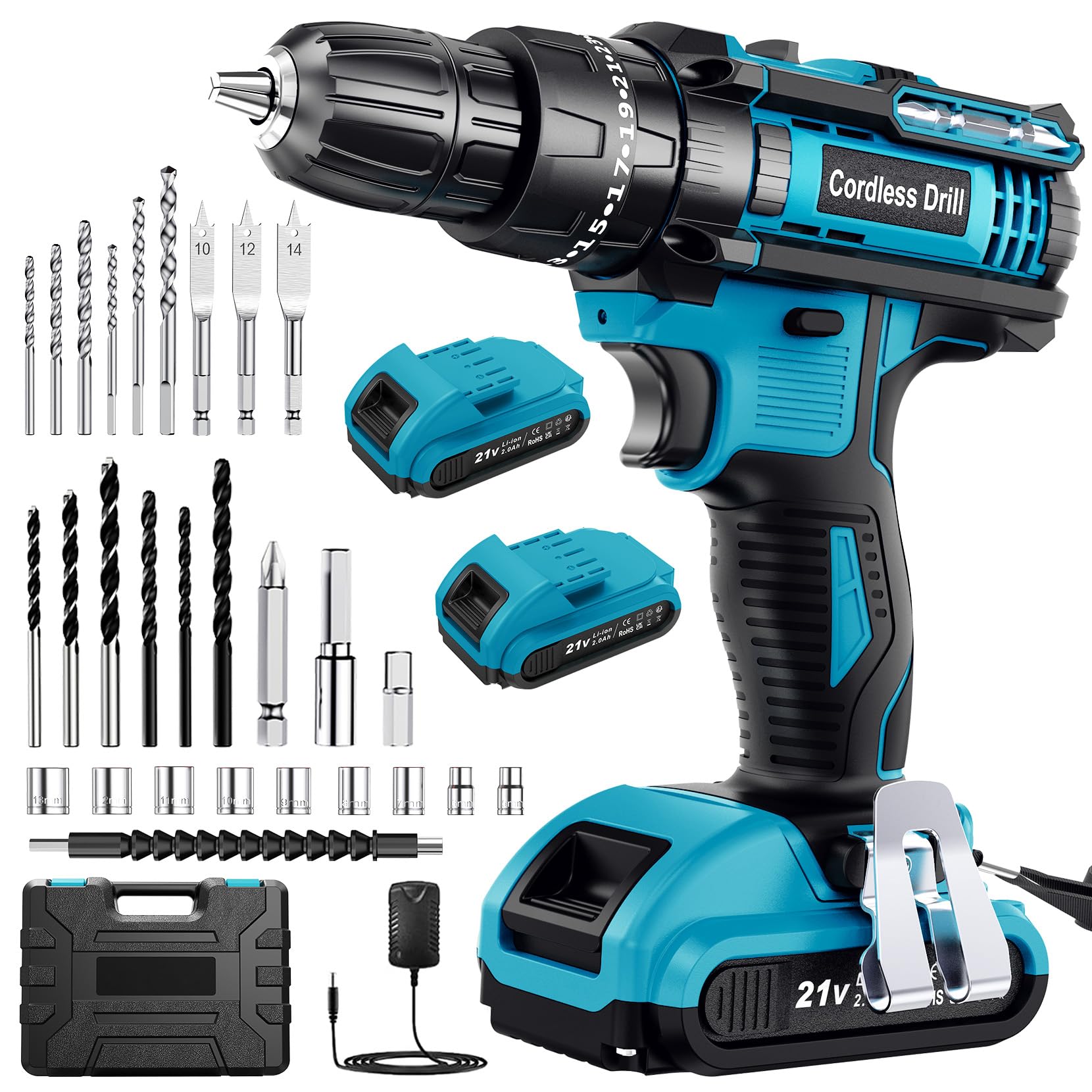 Cordless Drill Driver 21V, Cordless Hammer Combi Set with 2 Batteries 2000mAh, 42N.m Max Electric Battery Drill, 25+3 Torque, LED Light, 2 Speed, 14PCS for Home and Garden DIY Project