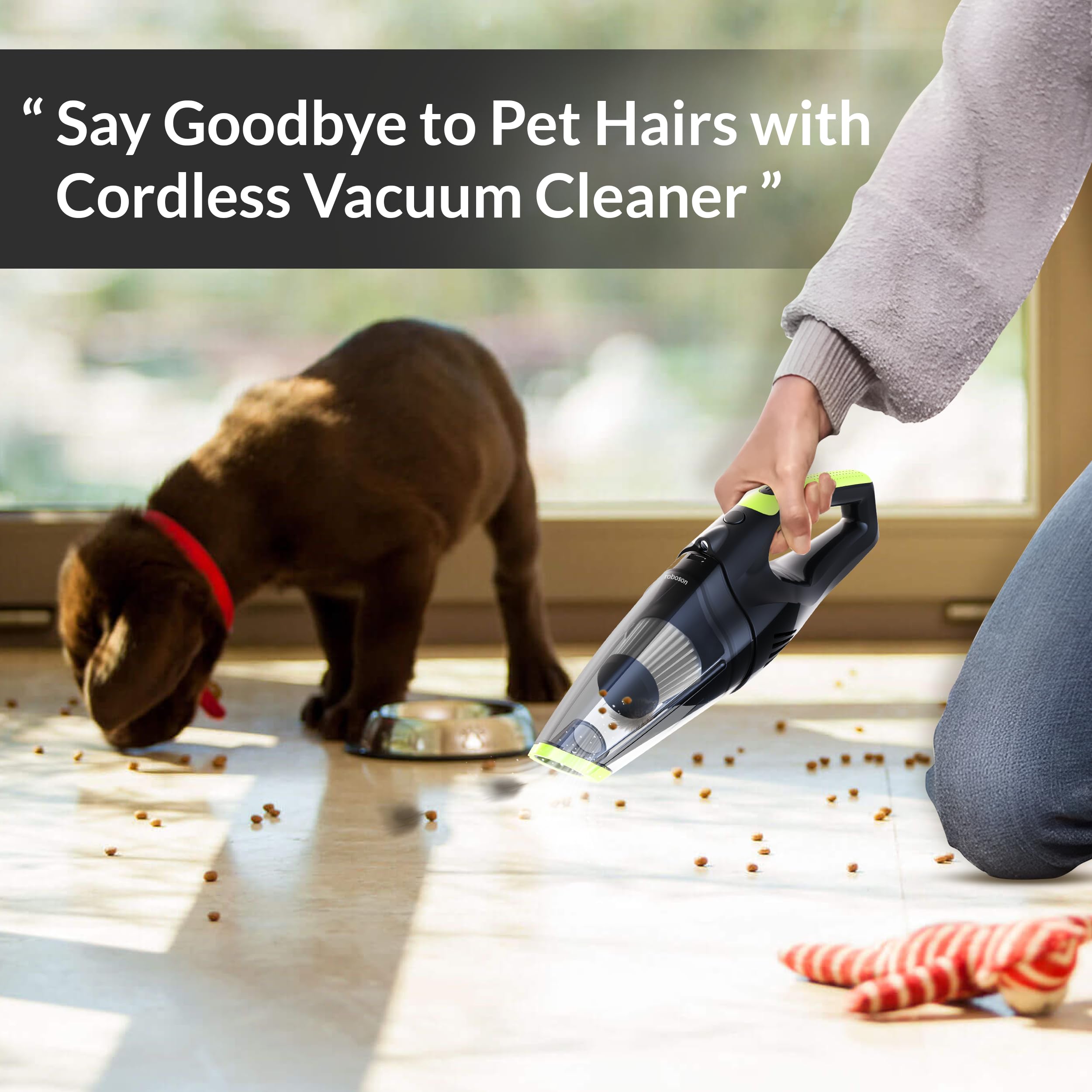 Roboson VC201 Handheld Cordless Vacuum Cleaner for Home and Car Powerful 6 kPa Suction for Dust & Pet Hair Removal, Rechargeable Wireless Wet/Dry for Bed and Sofa with LED Light 3