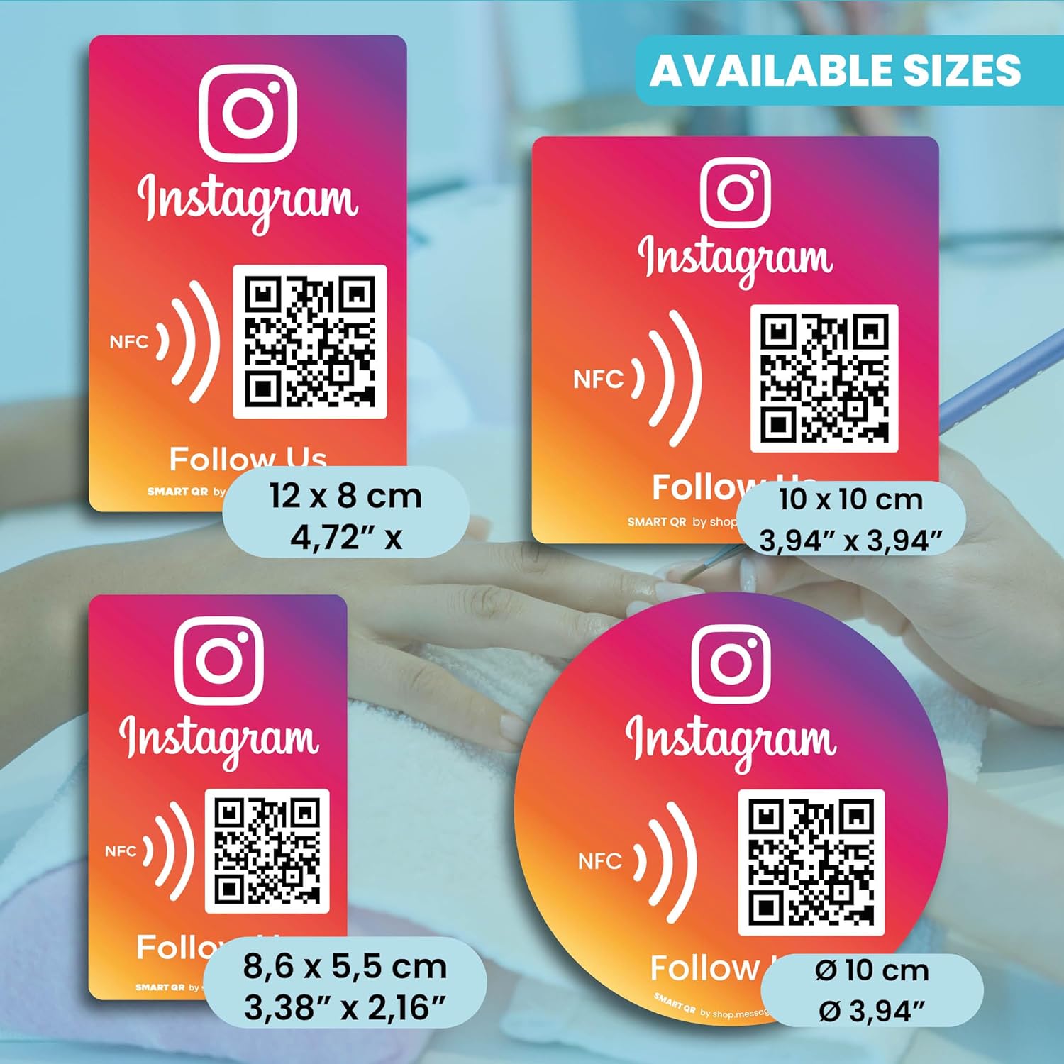 MESSAGENES | Follow Us on Instagram QR NFC Sticker | Social Media Stickers | Boost Followers | Pack 2 Units 8,6x5,5cm | Dynamic and Reusable QR | Instagram Stickers for Business | Premium Materials