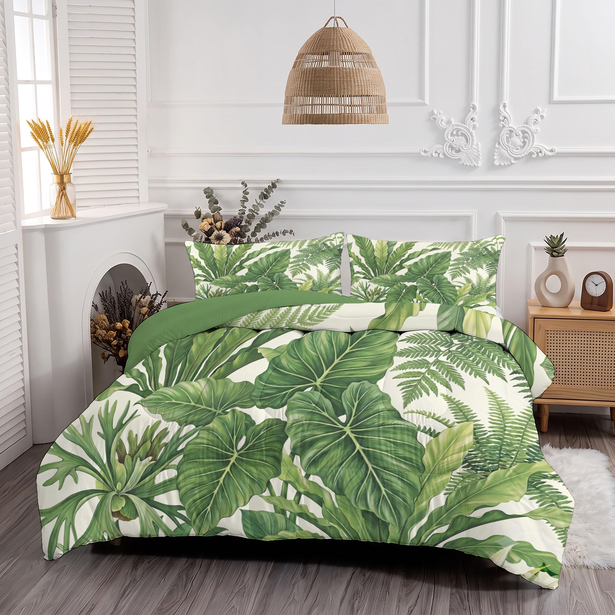Piumone 2-In-1 Letto Singolo 140X200 Cm Poster Di Piante Naturali | Trapunta E Piumino Reversibile 4 Stagioni, Felci Foglie, Copriletto Lavabile Morbido Leggero, Verde Salvia