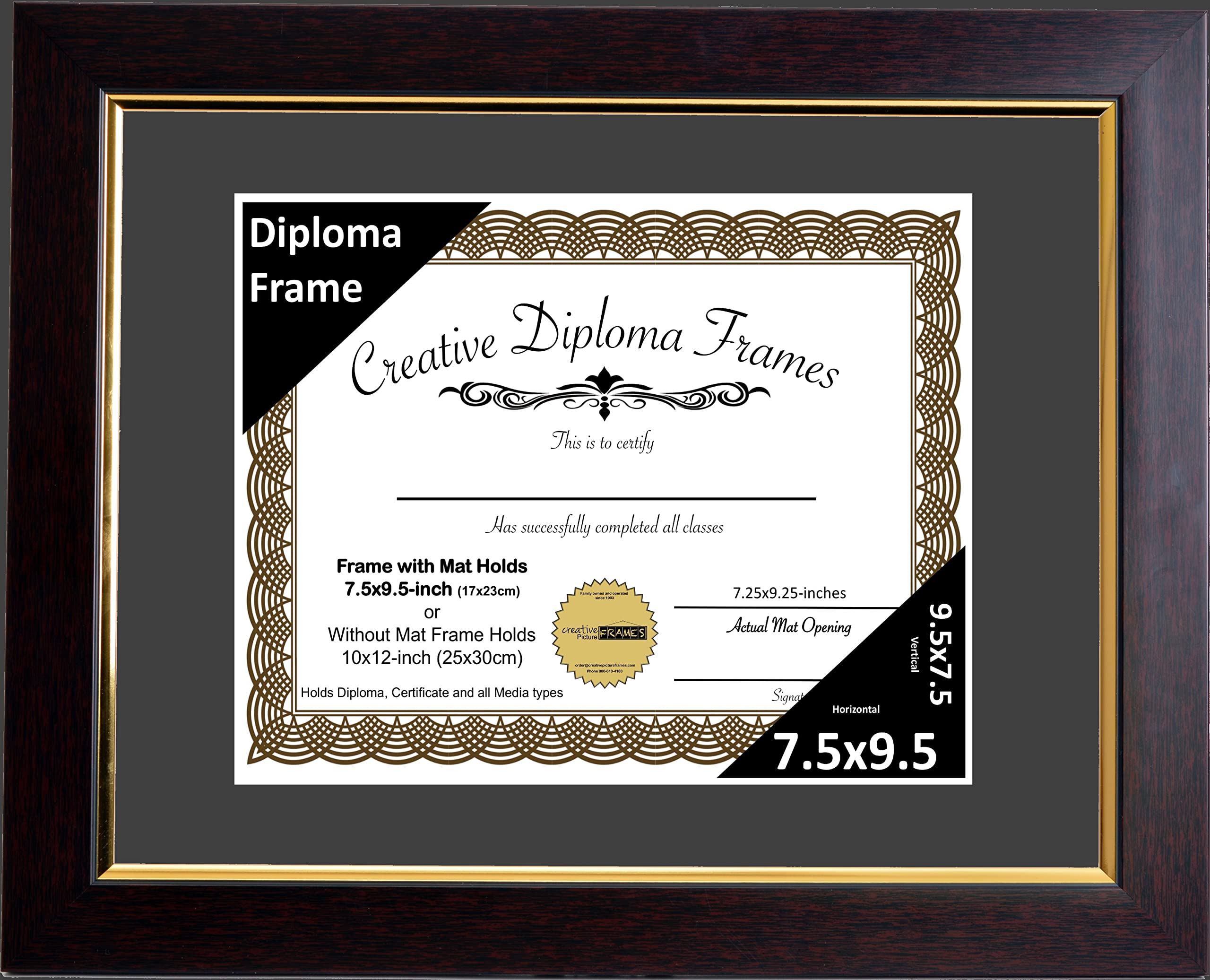 Creative Picture Frames 7.5x9.5 Mahogany Diploma Frame with Gold Rim Including Black Mat Glass Easel and Installed Wall Hangers | Frame Holds 10x12