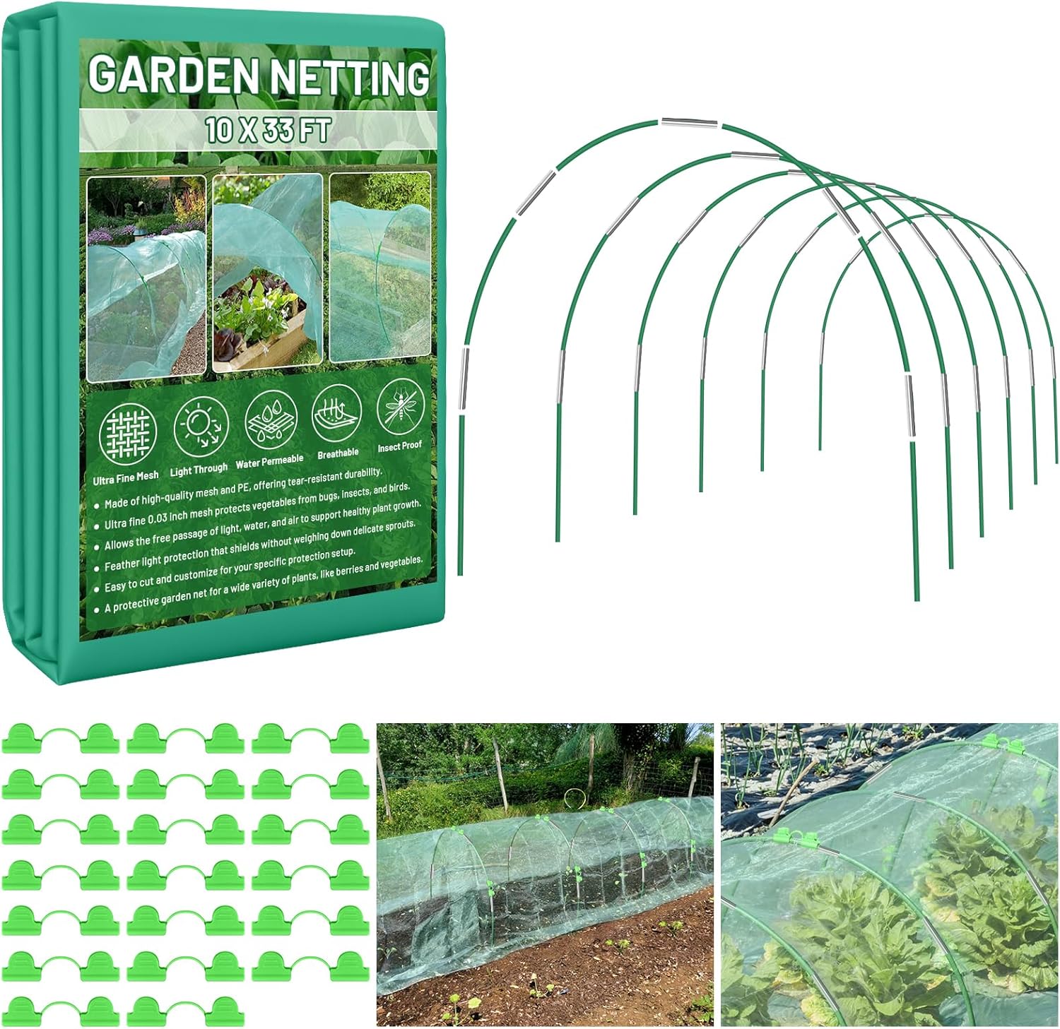 Garden Mesh Netting Kit for Raised Beds, 10x33FT Ultra Fine Mesh Netting& 6 Sets 8FT Fiberglass Garden Hoops, Insect Netting Row Cover, Pest Barrier Protection for Vegetable Fruits Flowers