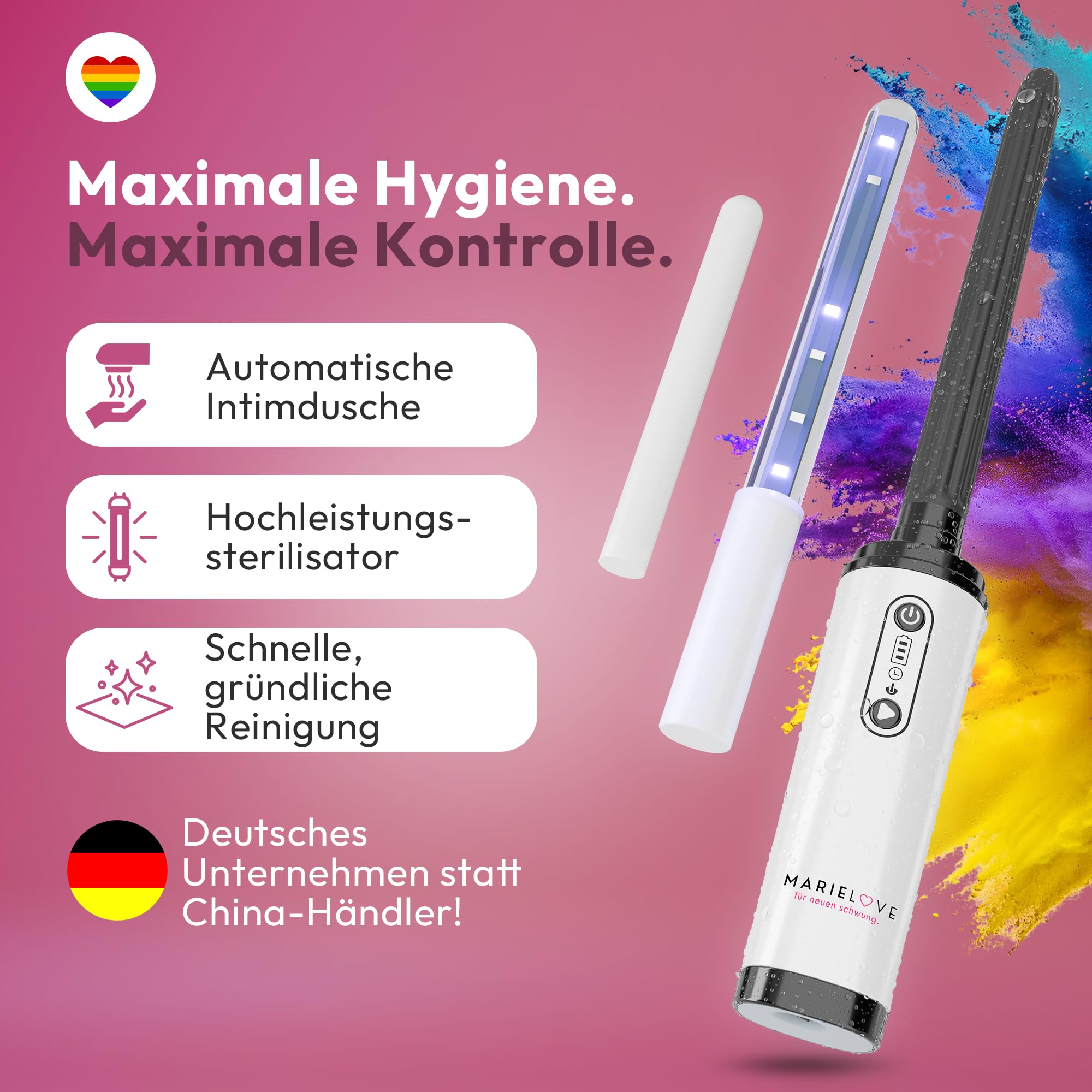 marielove Analdusche & Intimdusche 18cm auch Reinigung für Sexpuppen, Torsos & Masturbatoren – Stark + Akku + UV Sterilisator – Hygienische Anal Po Spülung & Tiefenreinigung – Version 2025
