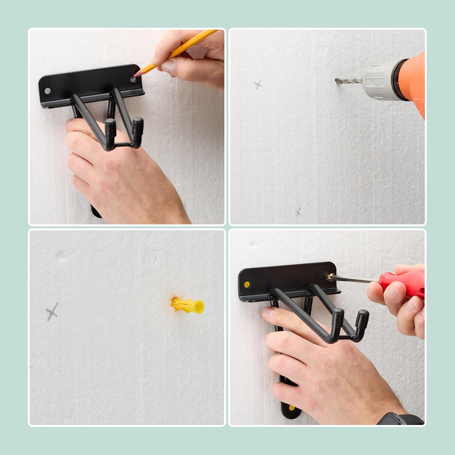 Relaxdays Double Hook Set of 2, Load Capacity 25 kg, Wall-Mounting, Tool Holder Garage, Workshop & Cellar, Broom, Black, Iron, 17.5 x 12 x 15.5 cm