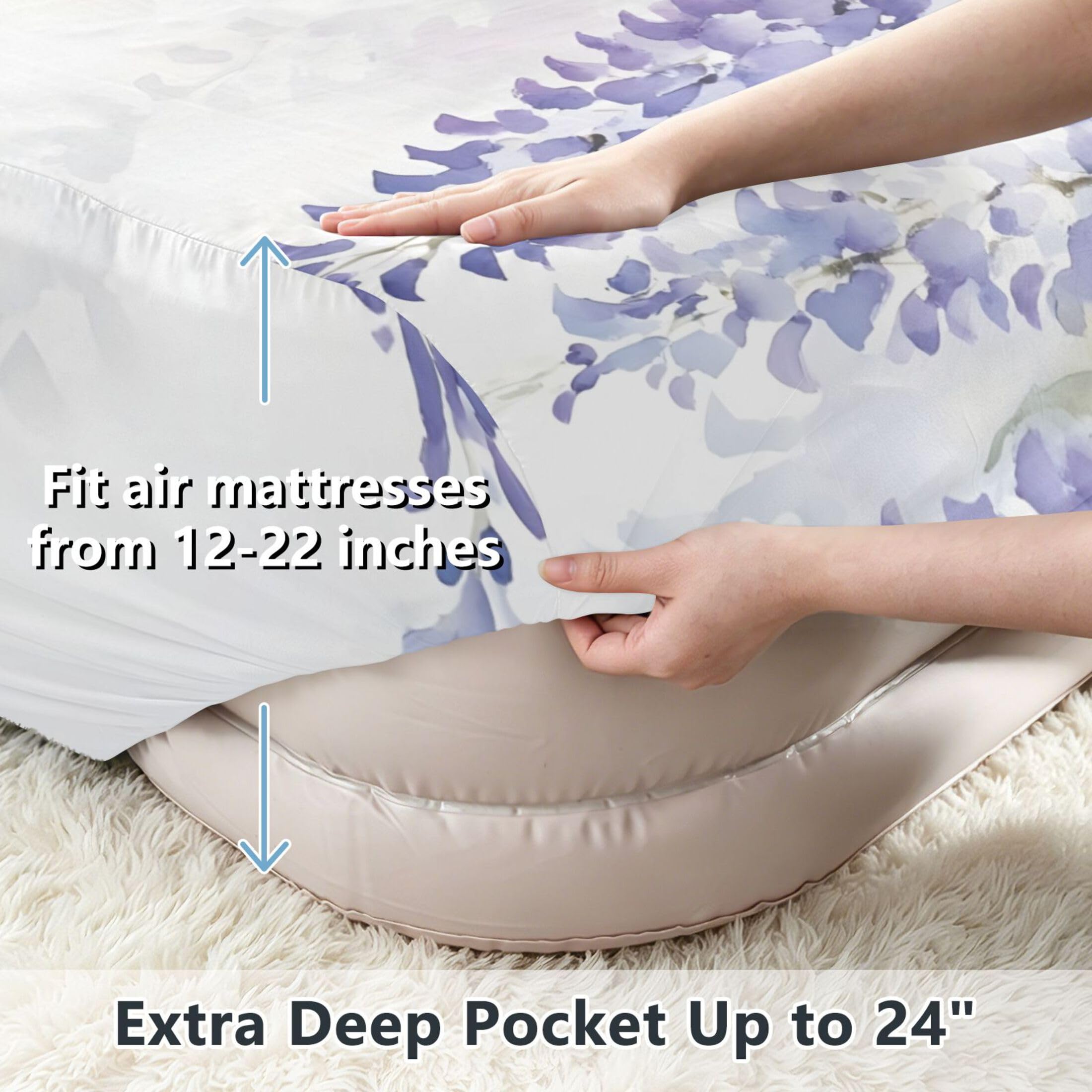 Sábana bajera ajustable de tamaño individual con diseño de flores de glicina de acuarela para colchón de aire, bolsillo extra profundo de 24 pulgadas, funda suave y transpirable con apertura