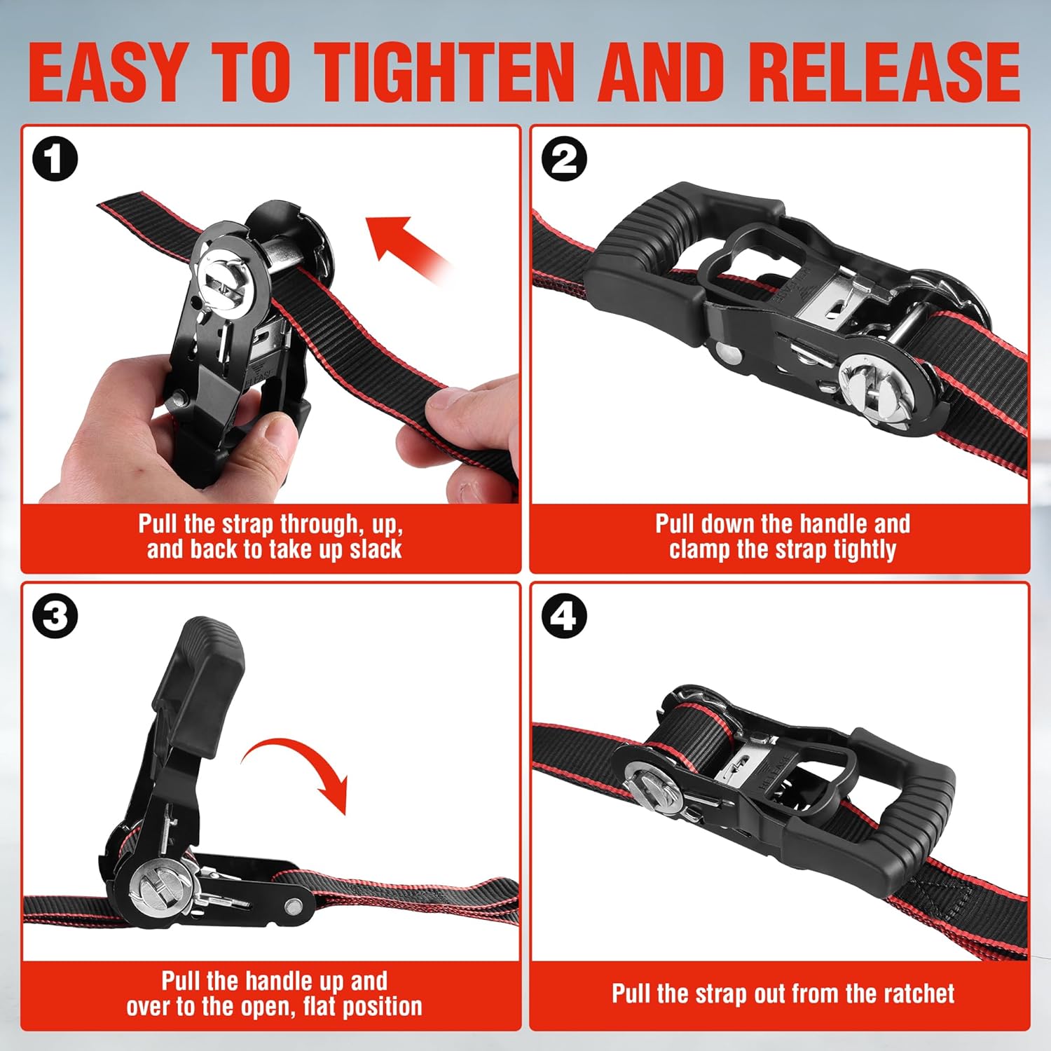 WORKPRO Ratchet Tie Down Straps, 4-Pack | 1" x 12' | 1500 lbs Break Strength Heavy Duty Ratchet Straps, Fits for Moving Appliances Motorcycle ATV Truck (Black&Red) - Image 7