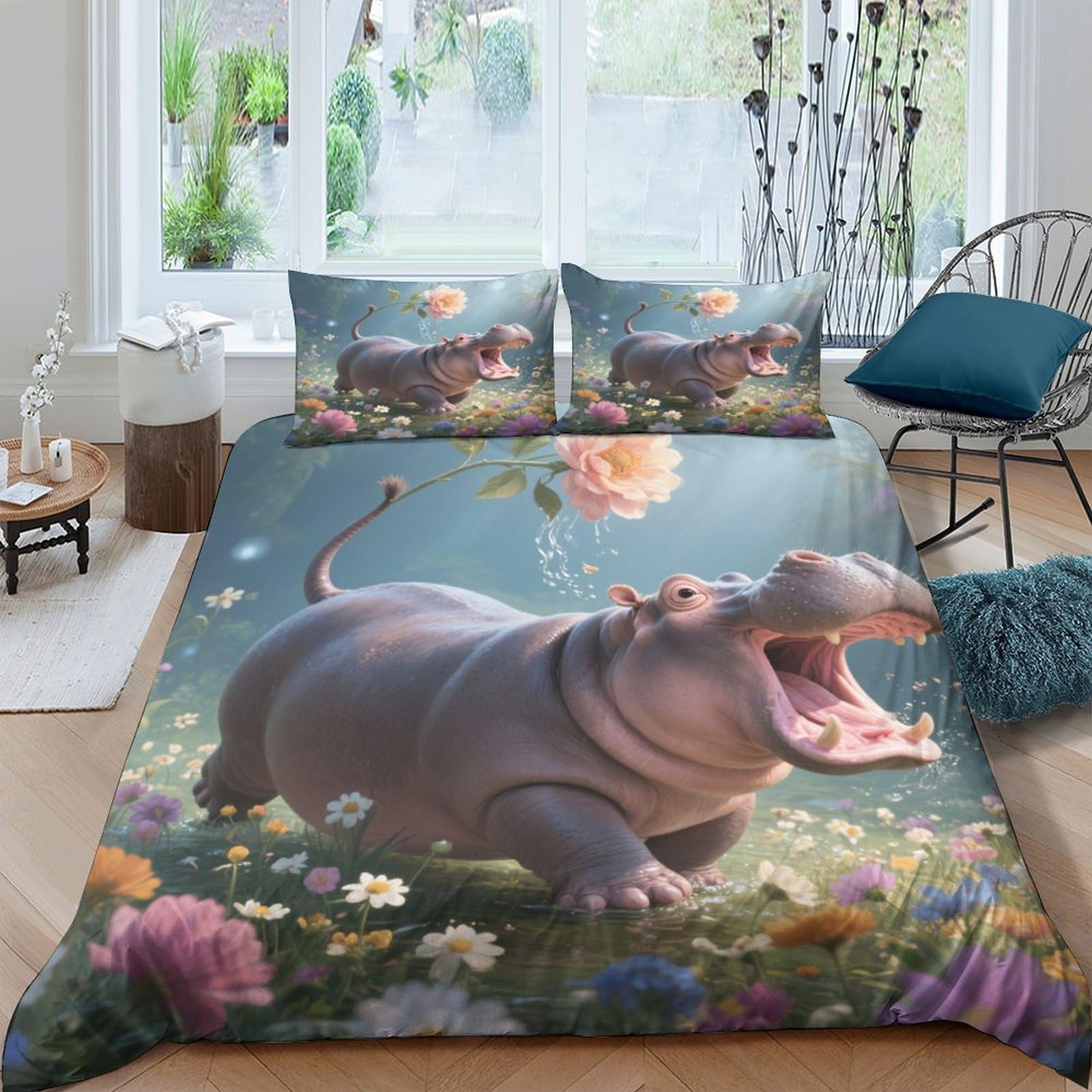 Ctjqhvkz Style-5 3D Printed Happy Hippo Fitted Sheet Microfiber Soft Anti-Slip Floral Meadow Mattress Cover For Bedroom Dorm Bed Decor Single（135X200cm）