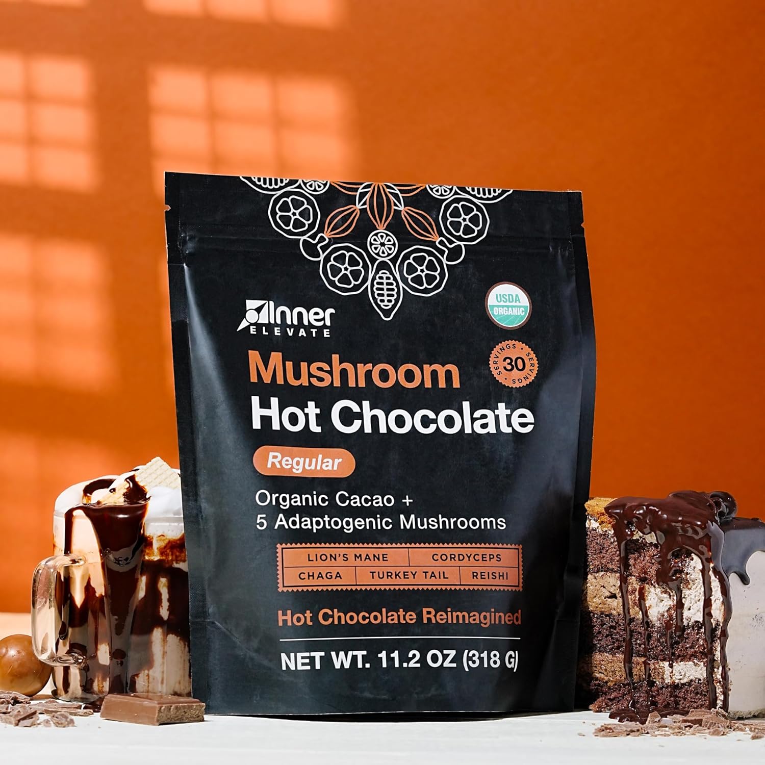 Inner Elevate Organic Mushroom Hot Chocolate - Ceremonial Cacao with 5 Adaptogenic Mushrooms - Great as a Coffee Alternative, Hot Chocolate, or Smoothie (30 Servings)