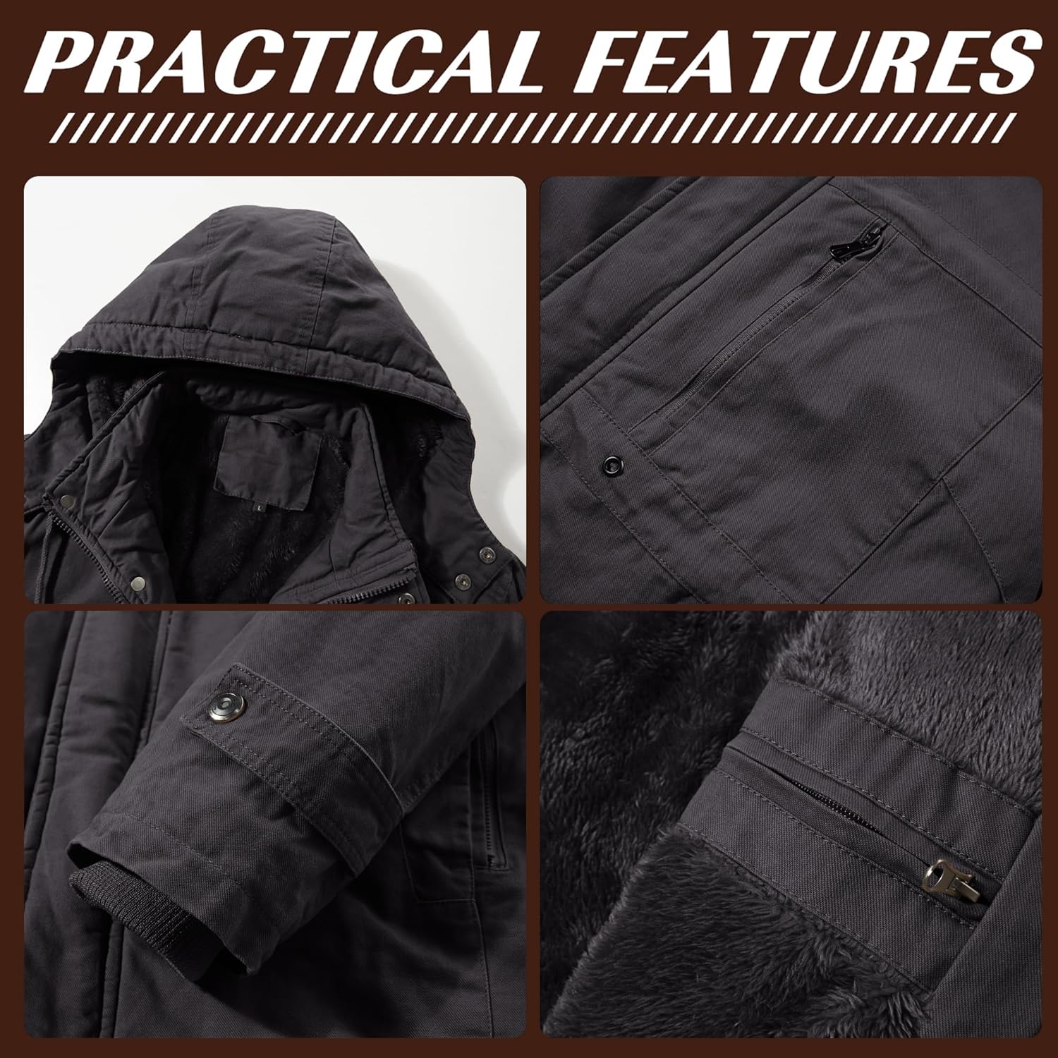 Mens Jacket Winter Casual Fleece Lined Cotton Thick Military Tactical Hooded Work Coats with Cargo Pockets - Image 5