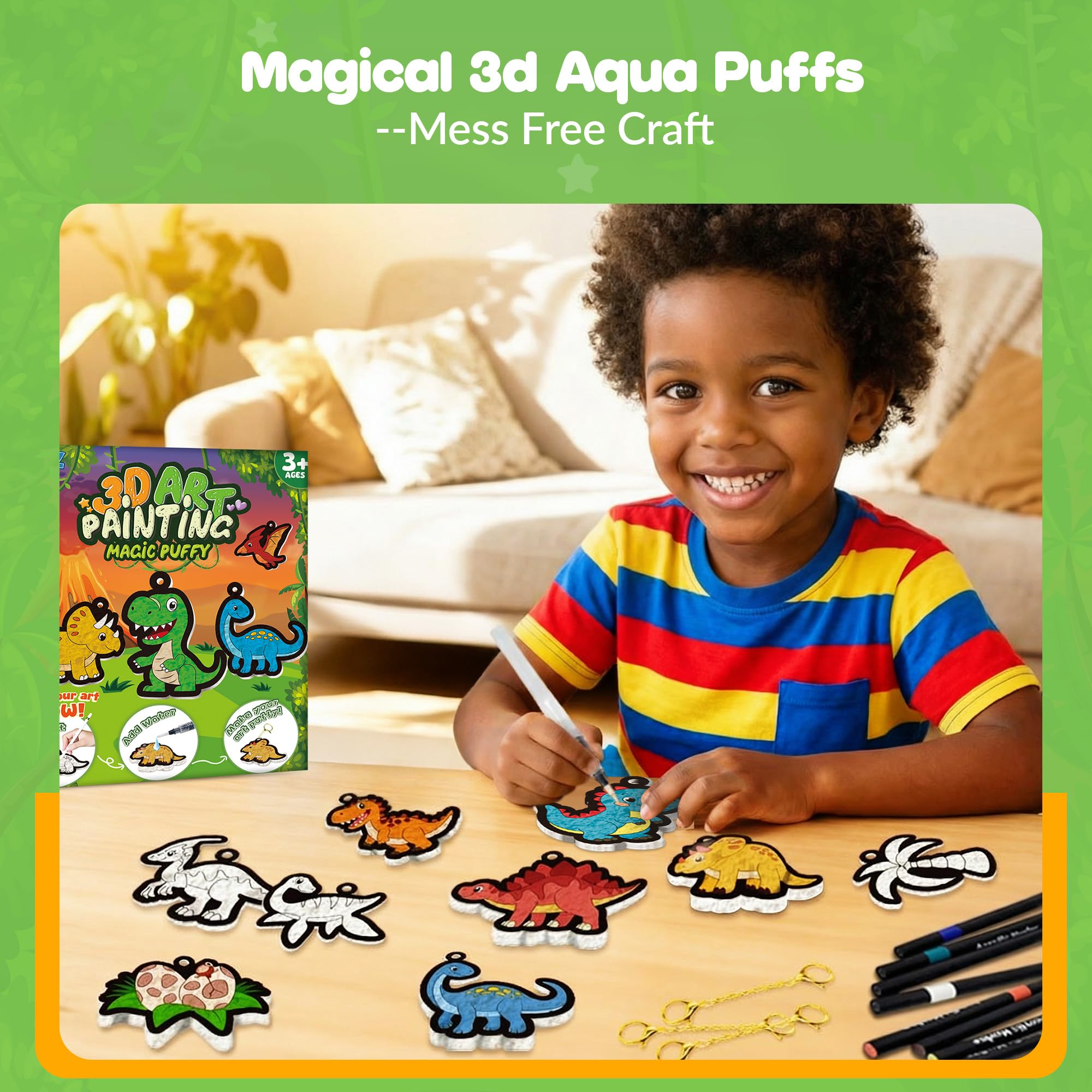 ZIZZ Aqua Puffs 3D-Kunst-Set, Dinosaurier-Aqua-Puffs, magisches Malset, schmutzfreies Malen nach Zahlen, Basteln für Kinder, DIY-Kunsthandwerk, Geburtstag, Weihnachten, Ostern, Geschenke für Jungen