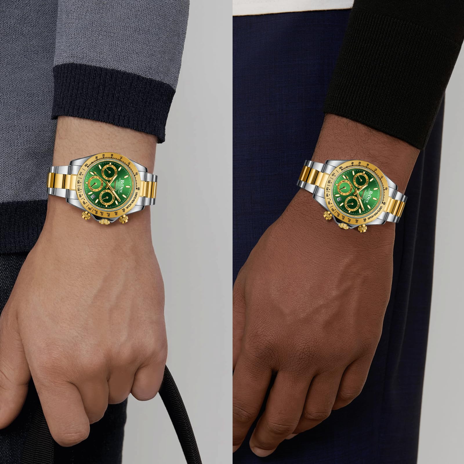 HANPOSH Reloj Hombre Cronógrafo de Acero Inoxidable(Plata Oro Verde11)