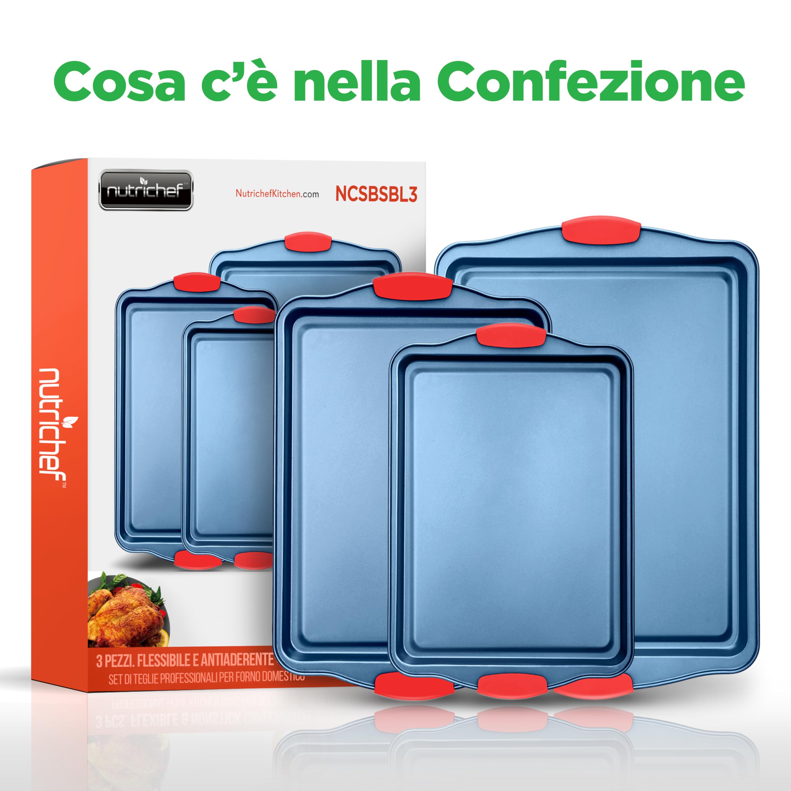 NutriChef Set 3 Teglie Forno Antiaderenti in Acciaio al Carbonio con Manici in Silicone, Teglie da Forno Grandi Medie e Piccole per Biscotti, Dolci, Pane, Blu