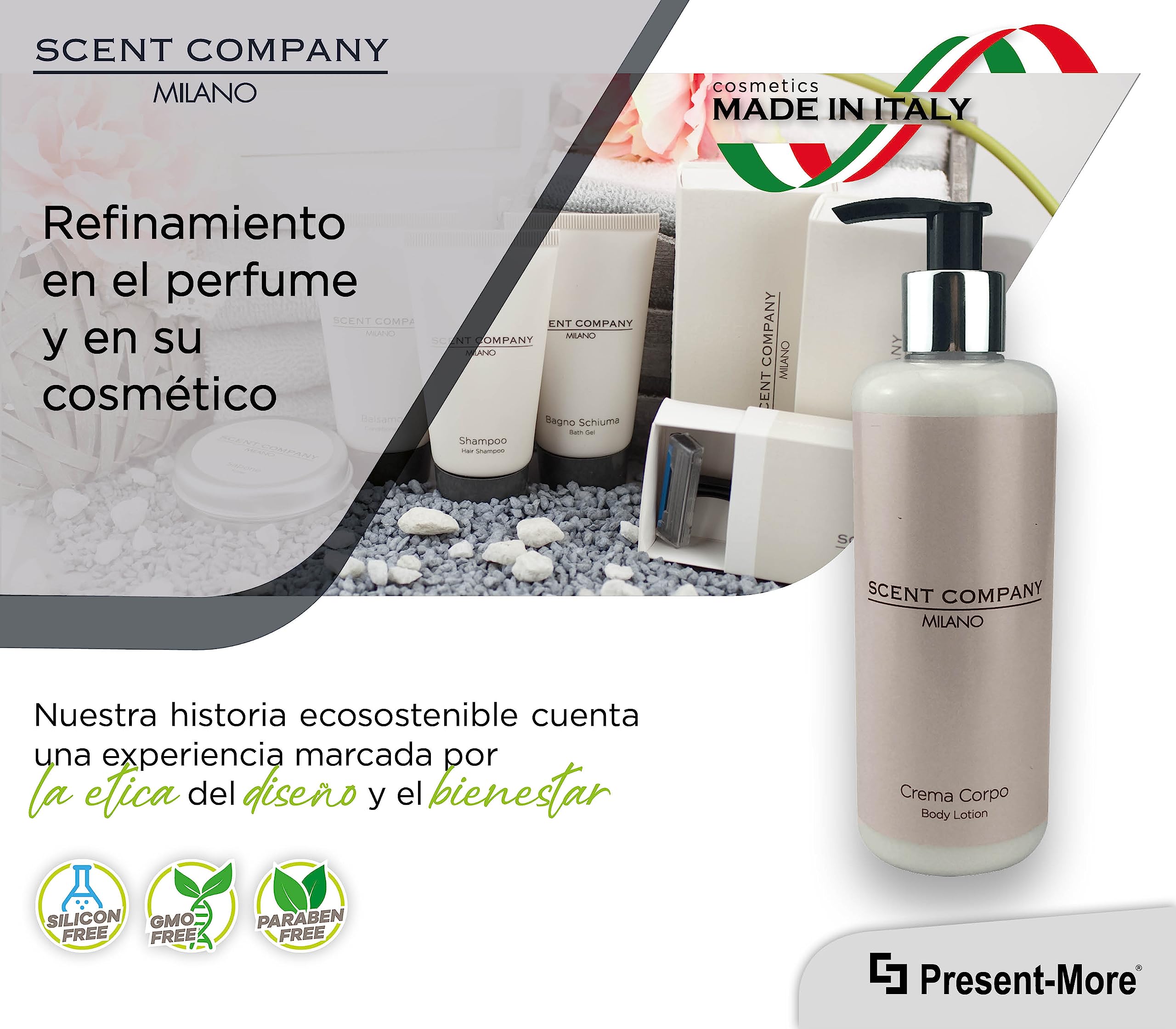 Present-More Crema corporal 300ml Scent Company Milano - Crema cuerpo 15 unidades para Hoteles y B&B | Crema cuerpo con fragancia Ámbar Real