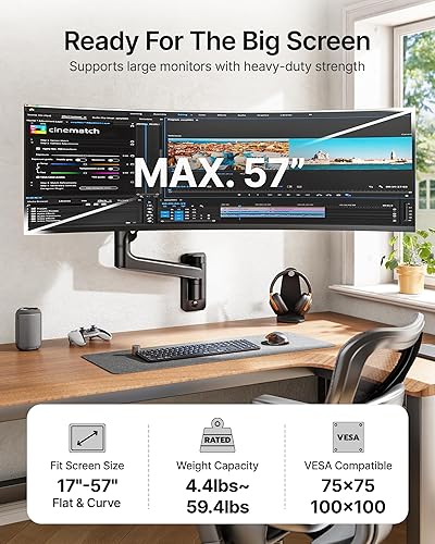 Miniatura 2 de monTEK Soporte de pared para monitor para pantallas ultraanchas de 17-57" hasta 59.4 libras, brazo de monitor de resorte de gas de aluminio de alta