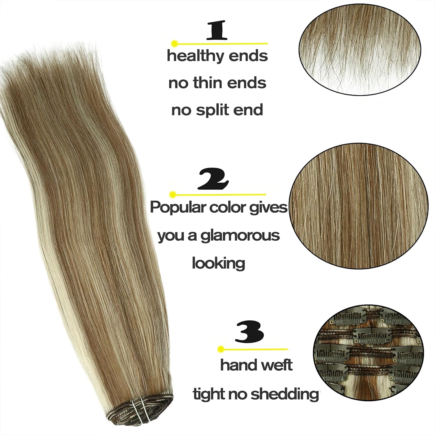 HUAYI Dirty Blonde Mixed Platinum Blonde 120g 7Pcs Clip In Hair Extensions Human Hair Double Weft Thick End For Full Head No Tangle No Shedding Silky Straight Balayage Hair（18P60#22"）