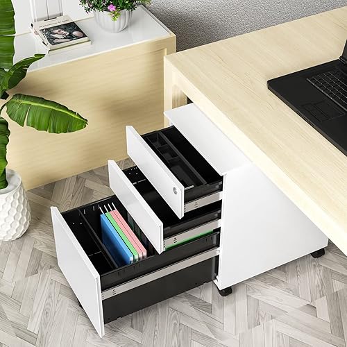 Miniatura 4 de LISSIMO Archivador rodante archivador con bloqueo de 3 cajones gabinete de almacenamiento de metal para debajo del escritorio de la oficina para