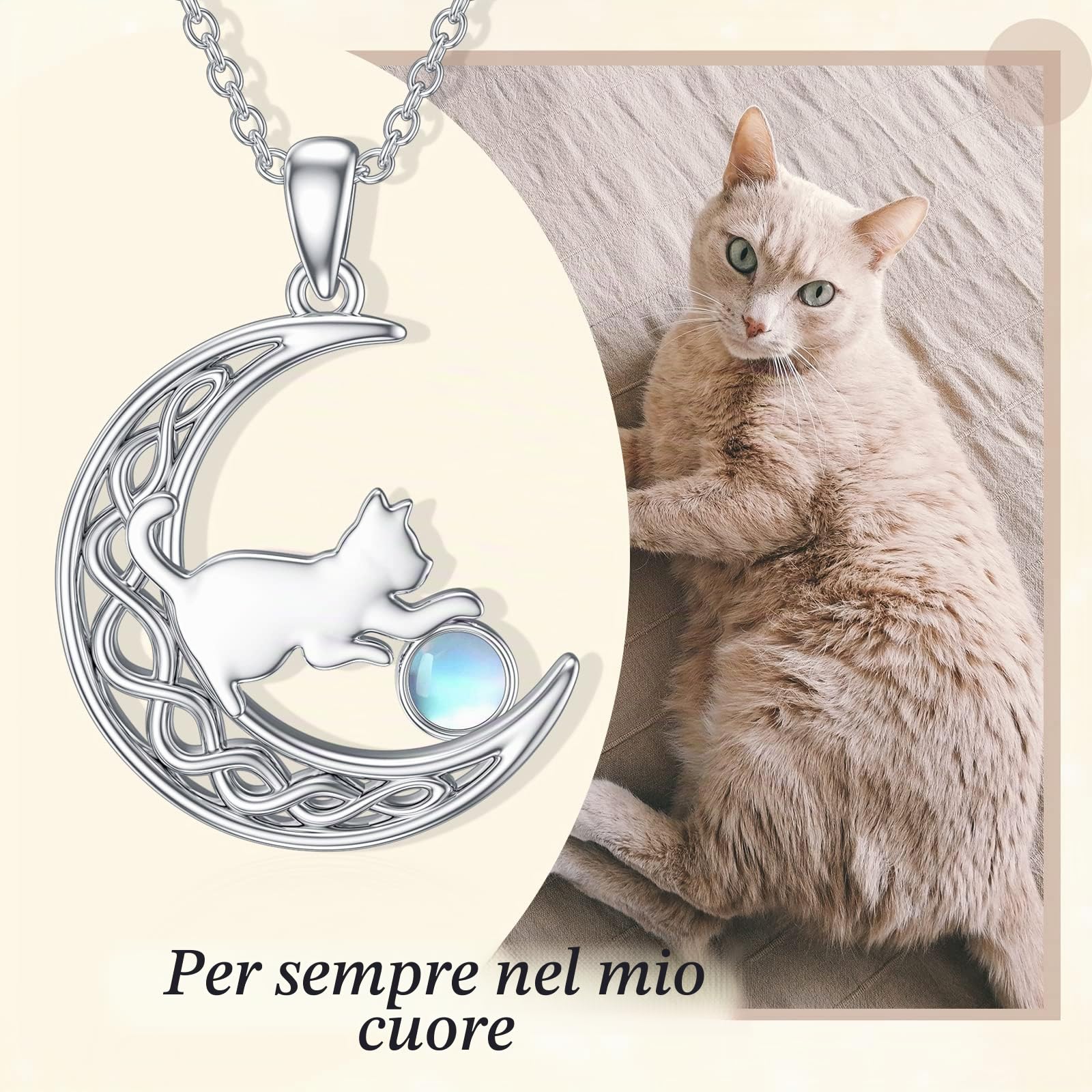 LONAGO Collana Gatto 925 Sterline D'argento Pietra Portafortuna con il Gatto in Luna Ciondolo Collana Gioielli per le Donne