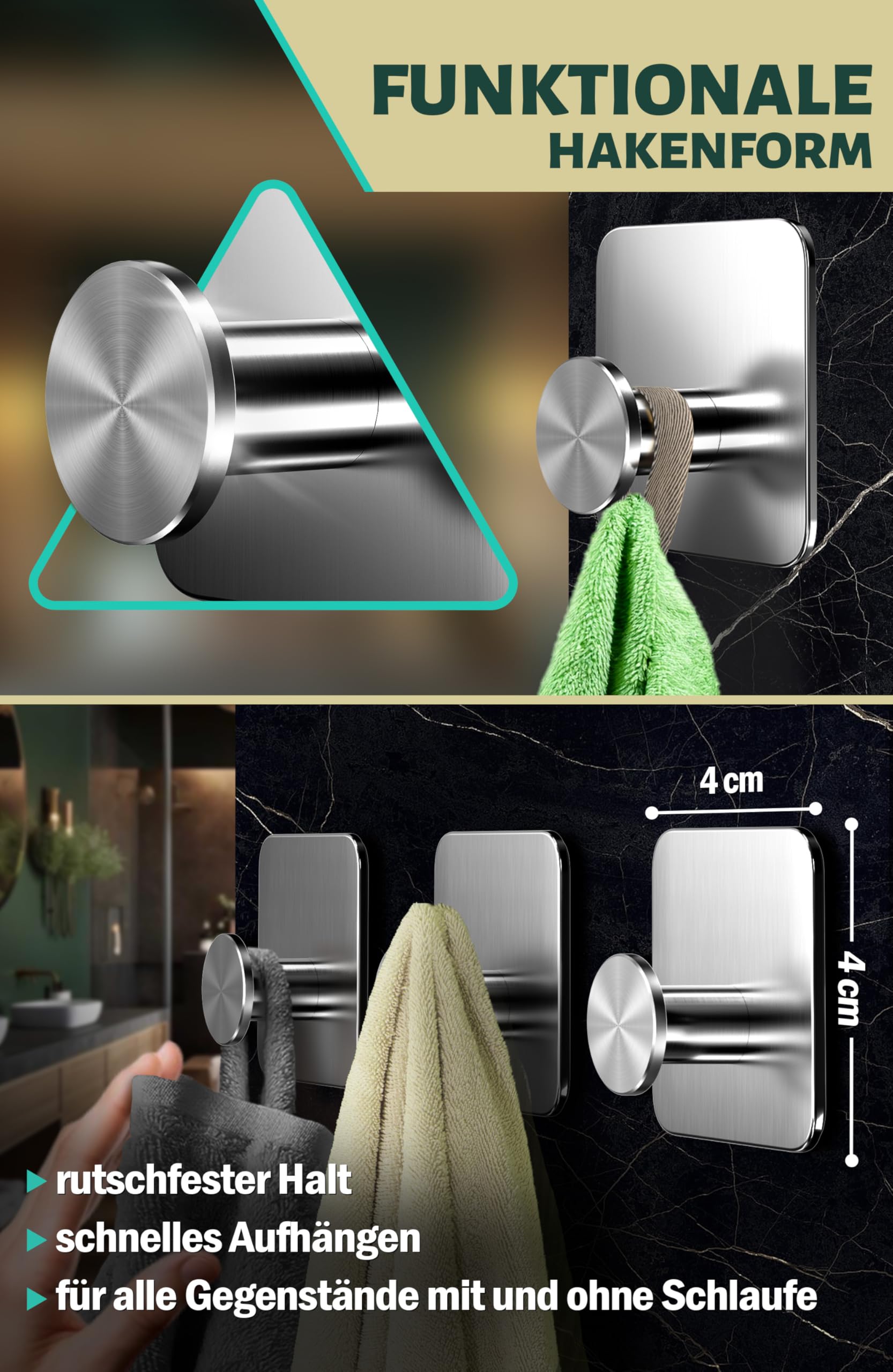 Menz Handdoekhouder zonder boren, 6 stuks, handdoekhaken voor badkamer, roestvrij staal, waterdichte kleefhaken, stijlvolle haken, zelfklevend, als wandhaak Menz Handdoekhouder zonder boren, 6 stuks, handdoekhaken voor badkamer, roestvrij staal, waterdichte kleefhaken, stijlvolle haken, zelfklevend, als wandhaak