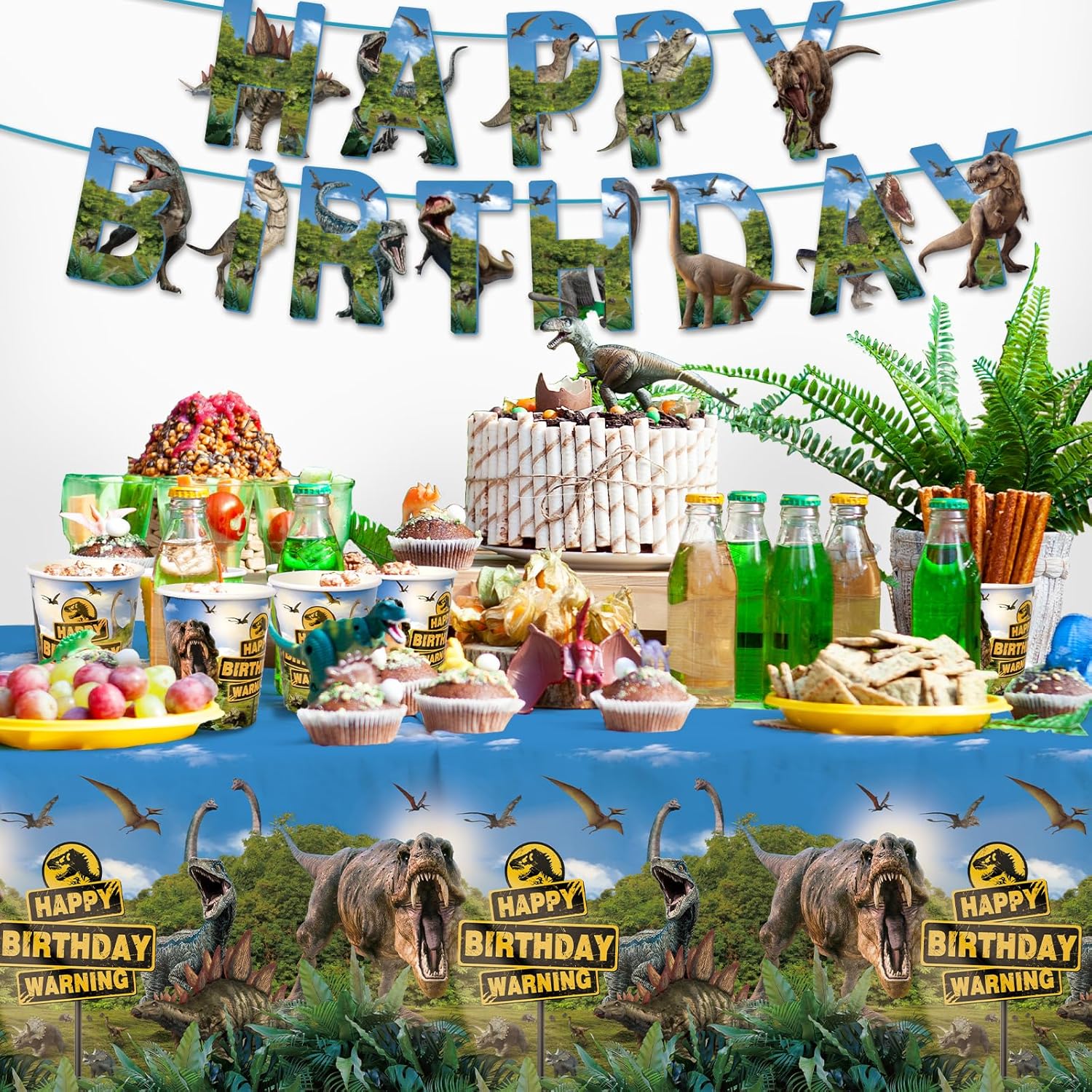 Dinosaur Birthday Party Supplies Disposable Paper Plates Napkins Cups Tablecloth and Banner for Dinosaur Party Decorations , Serve 25