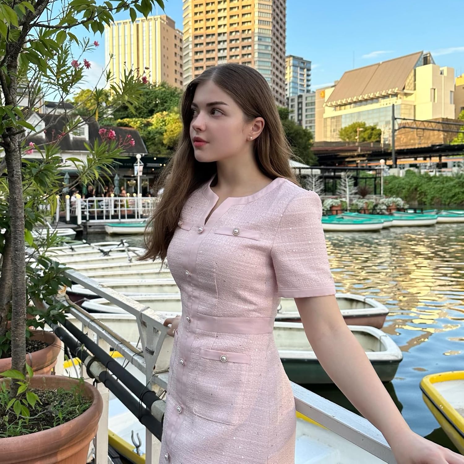 GOELIA 2026 Summer Tweed Dresses for Women Short Sleeve A-Line Spring Crew Neck Lace Elegant Dress Casual Daily Work