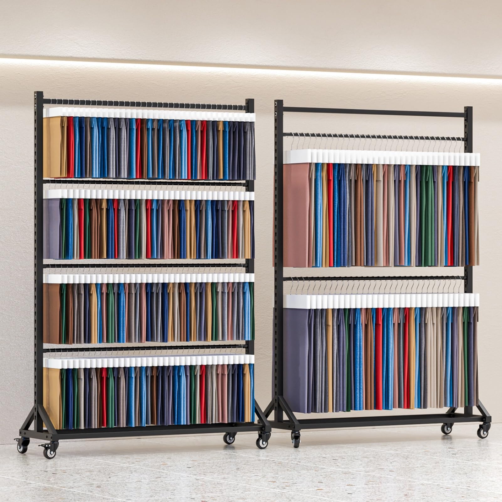 Generico Appendiabiti in Acciaio Resistente per Sciarpe, espositore Mobile per Coperte, trapunte, Asciugamani e tappetini, Organizer Commerciale con 2 aste (158x45x205 cm)