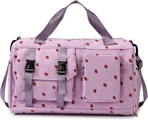 Waniki Sporttasche Kinder Mädchen Erdbeere Cord Reisetasche Damen Weekender Schwimmtasche mit Schuhfach und Nassfach Teenager Travel Bag Balletttasche für Reisen, Fitness, Sport, Gymnastik, Schule - 1
