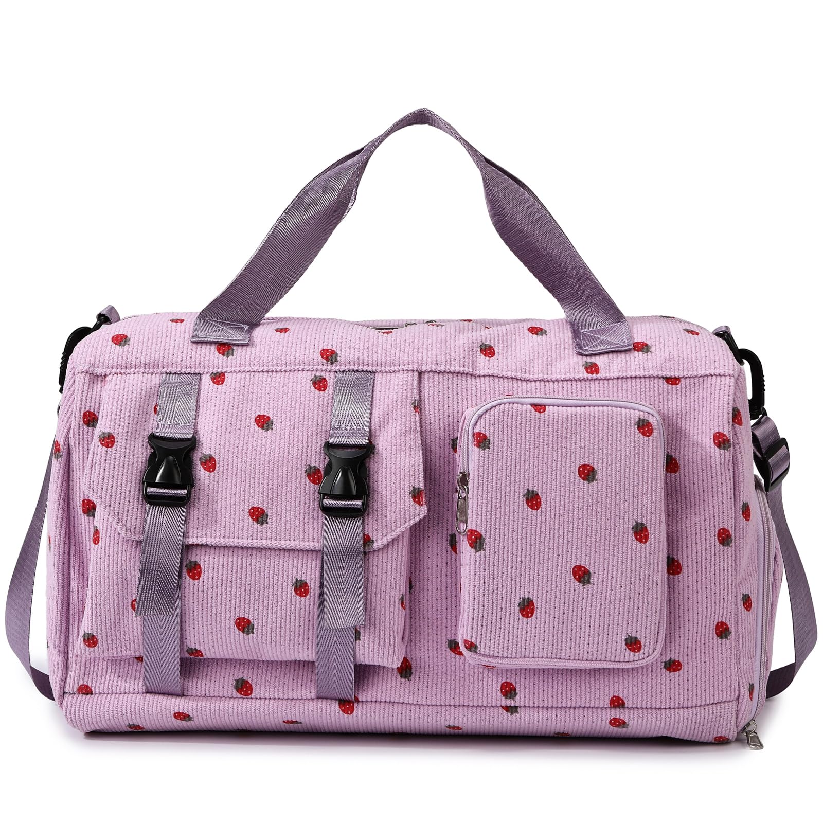 Sporttasche Kinder Mädchen Erdbeere Cord Reisetasche Damen Weekender Schwimmtasche mit Schuhfach und Nassfach Teenager Travel Bag Balletttasche für Reisen, Fitness, Sport, Gymnastik, Schule