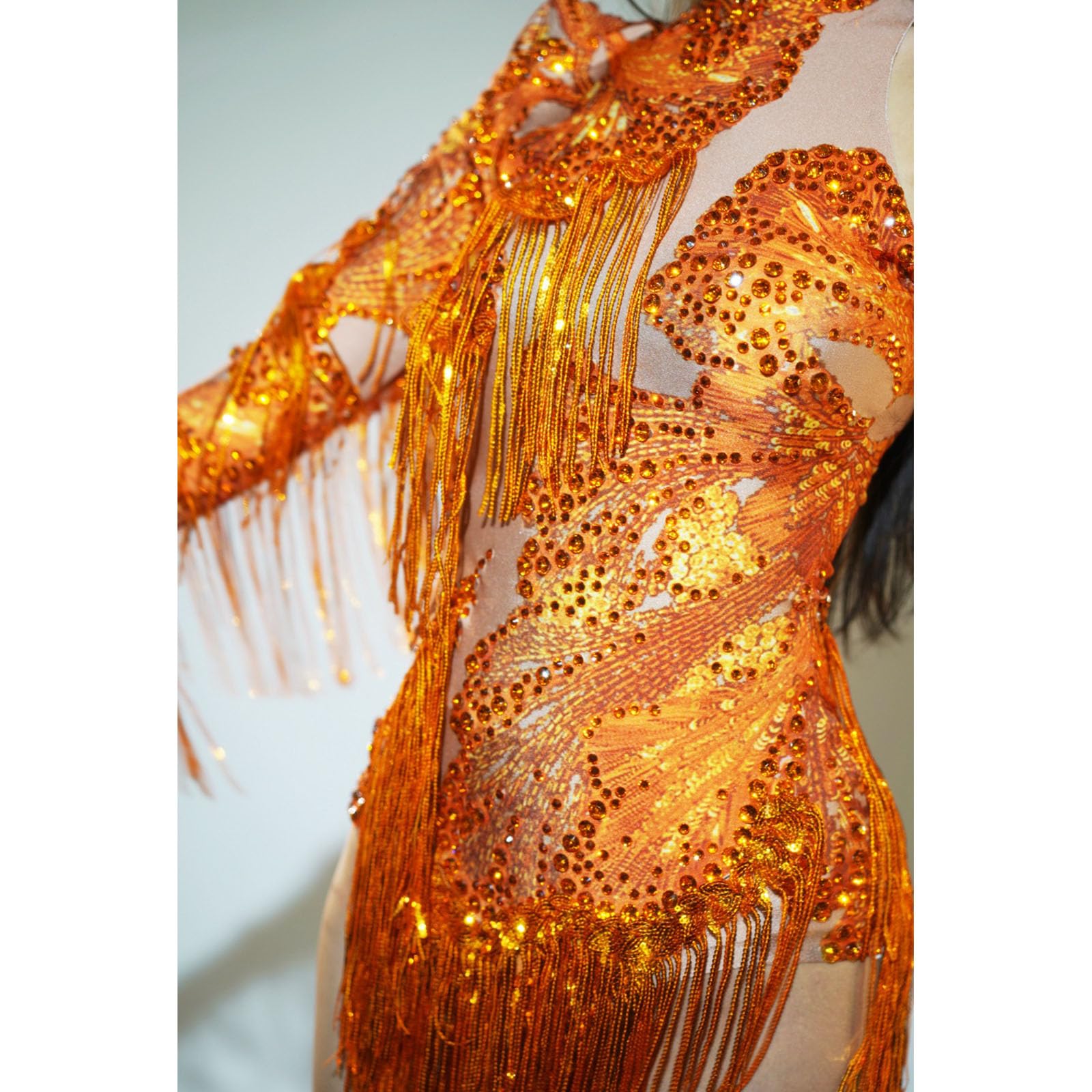 Skinny-Gymnastikanzug mit Strasssteinen, Quasten, glitzernde Fransen, Bodysuits, Akrobaten, Jazzs, Latein-Tanz-Kostüm, Raves-Outfits für Damen