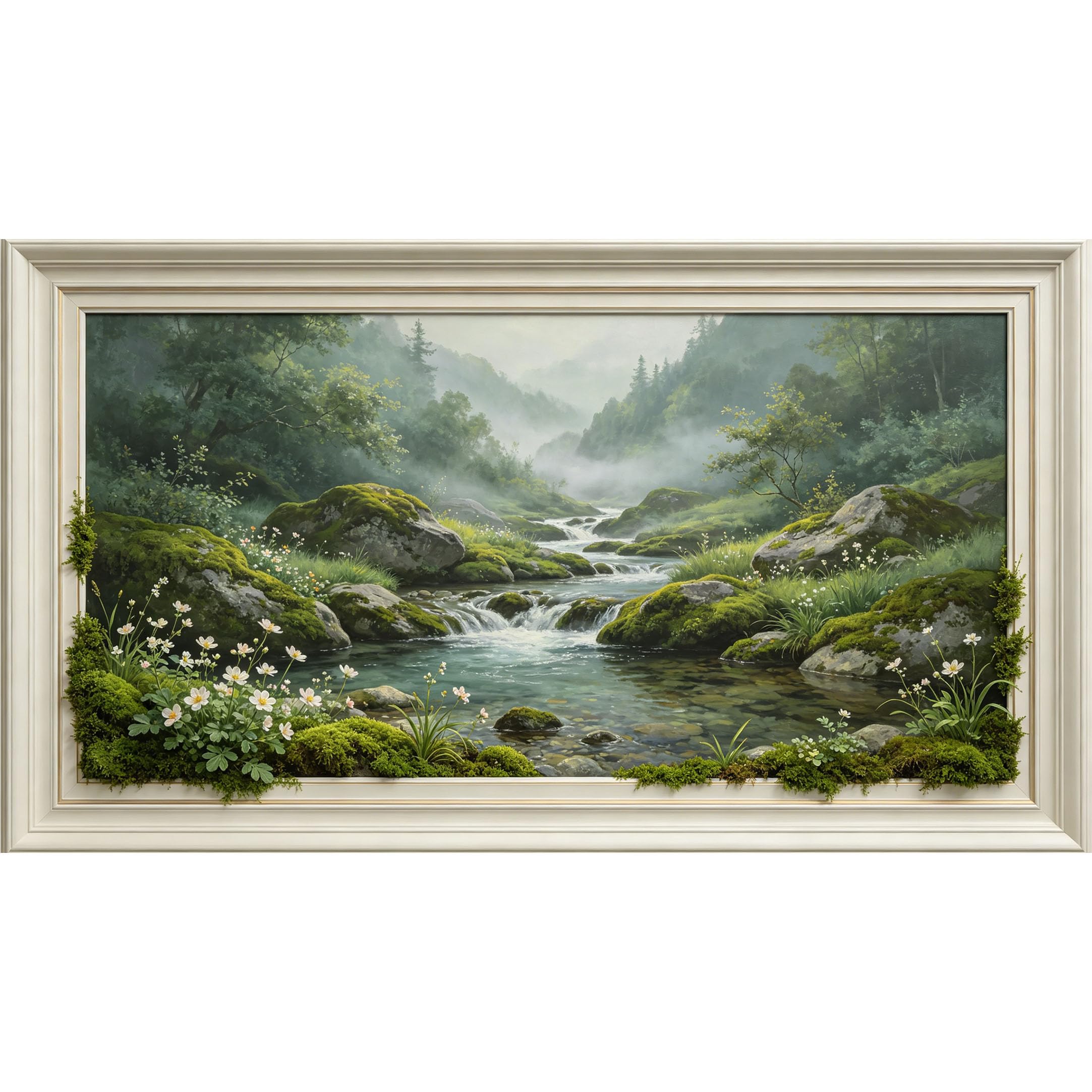 QZLITHOTIC 50x90cm3D Framed Wall Art， Misty Mountain Stream Landscape Self‑Adhesive Mural， Water‑Activated Peel & Stick Fabric Decor Wall Decal for Bedroom Living Room