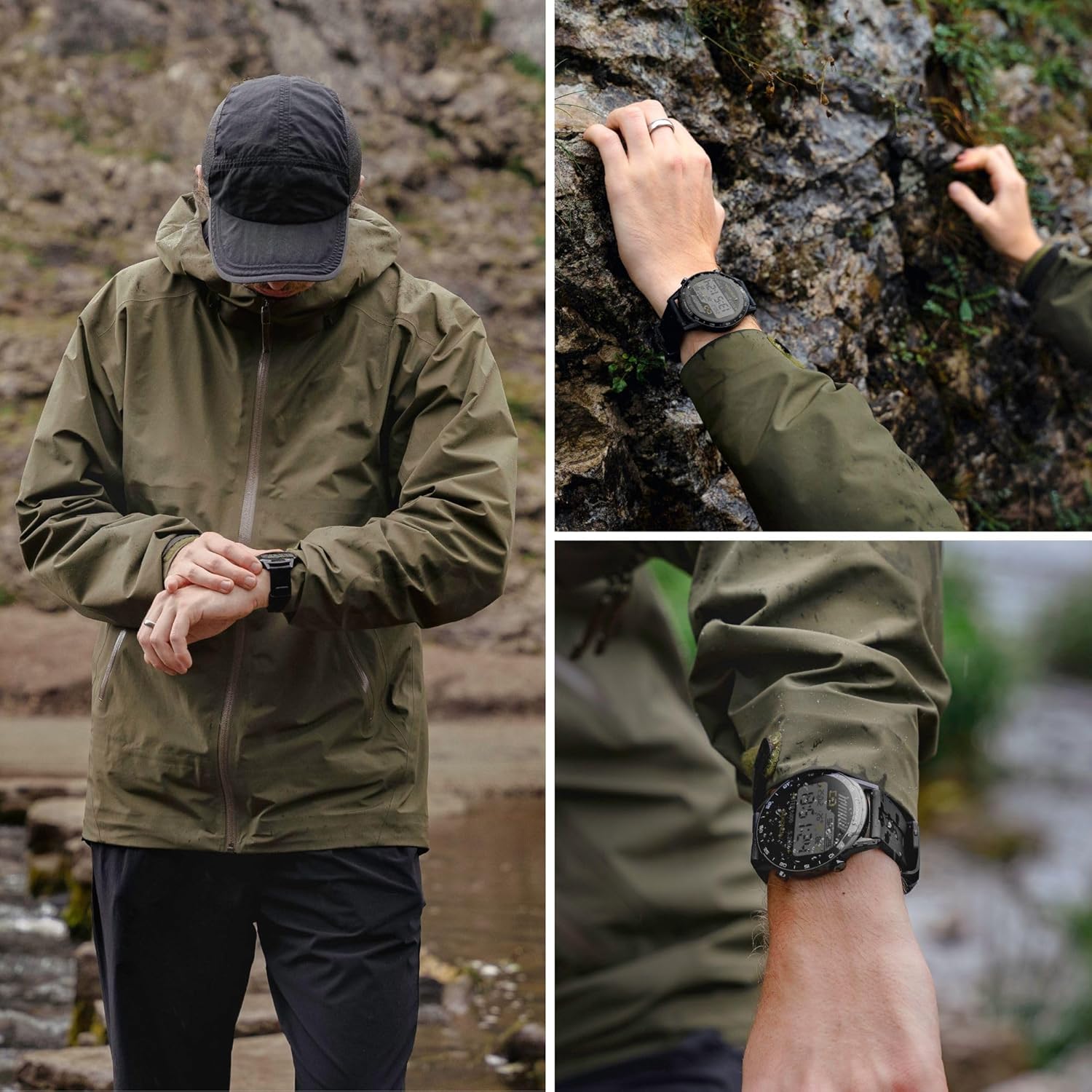 Collage of a person wearing the Sekonda Smart Watch during outdoor activities like hiking and climbing.