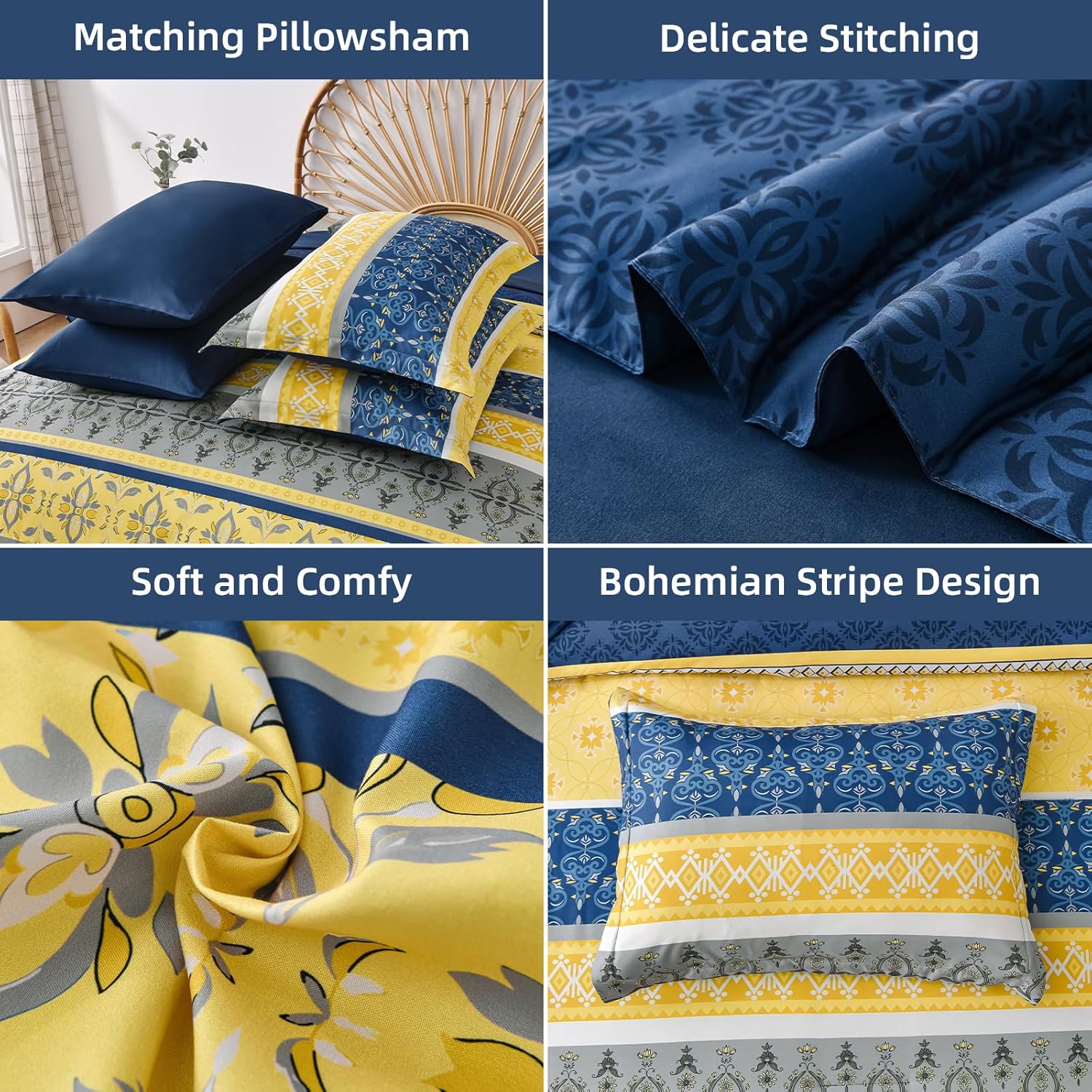 WONGS BEDDING Boho Comforters Set Queen, 7 Pieces Navy Blue and Yellow Comforter Sets Bohemian Bed in a Bag Striped Comforter Set Soft Microfiber Paisley Floral Comforter and Sheet Set for All Season