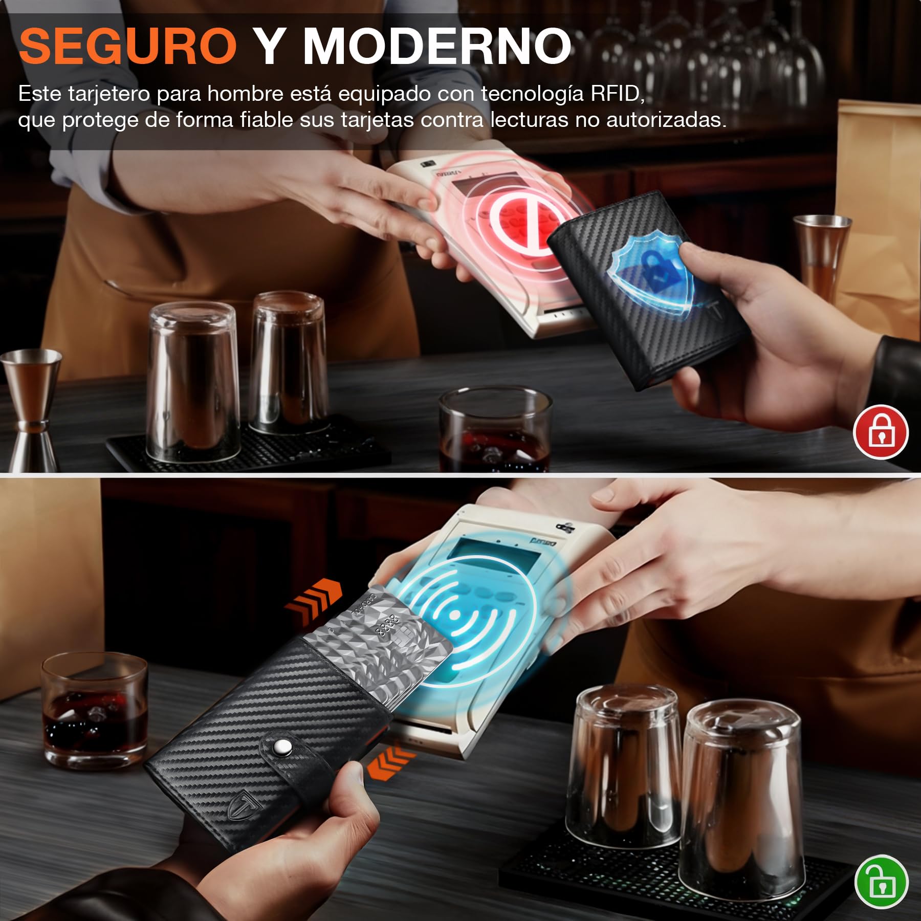 TENBST Cartera Hombre Fibra de Carbono RFID Bloqueo Negro-Naranja