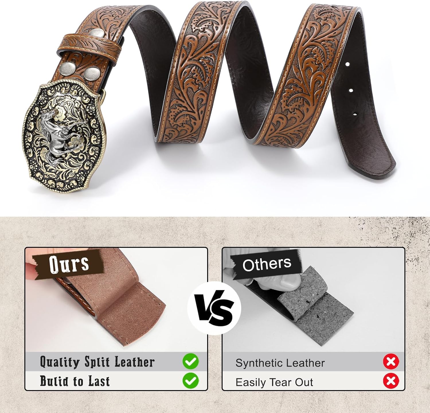 SANSTHS Cowboy Belts for Men Women Western Buckle Belt Cowboy Cowgirl Embossed Leather Belt for Jeans Christmas Gifts Belt - Image 5