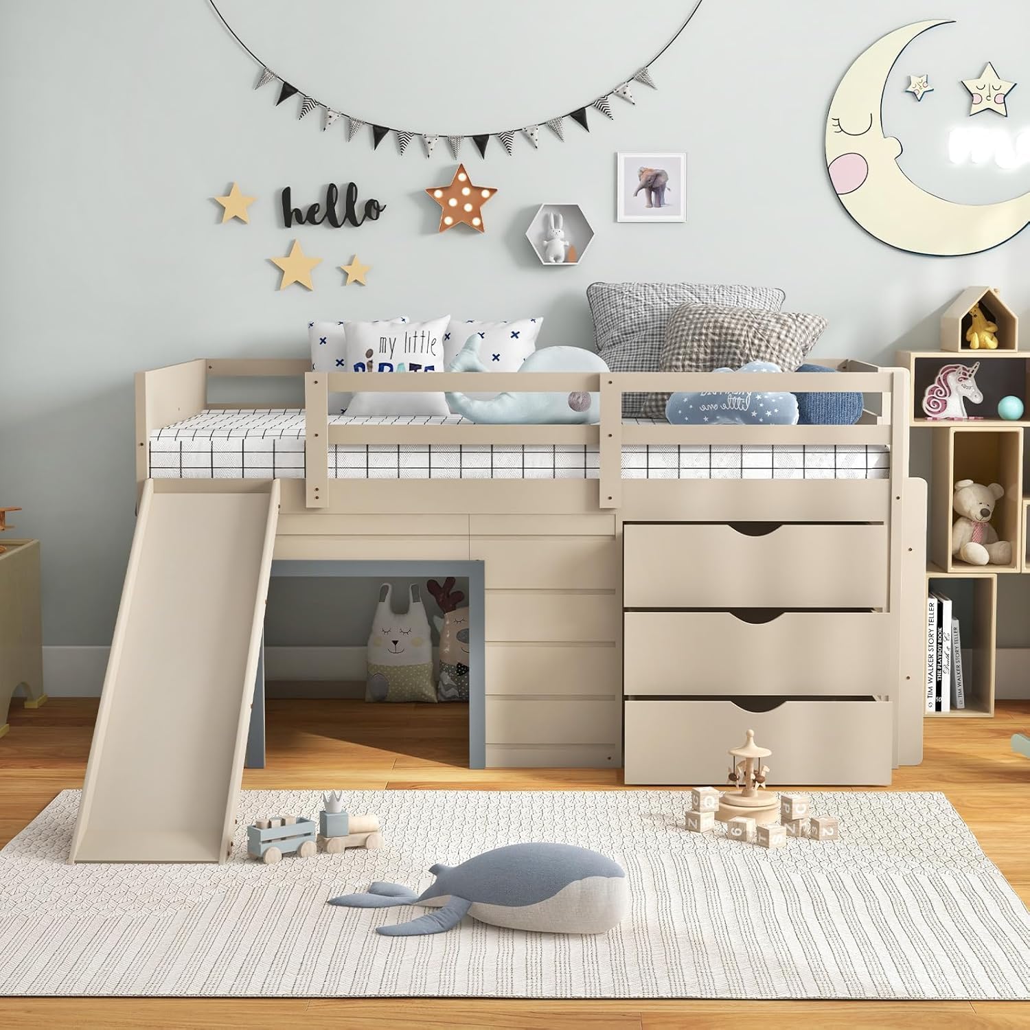 KOMFOTT Twin Low Loft Bed with 3 Storage Drawers & Underneath House, Wood Loft Bed with Slide, Ladder, Guardrails & Under-Bed Play Space, Kids Twin Loft Bed for Girls & Boys, No Box Spring Needed