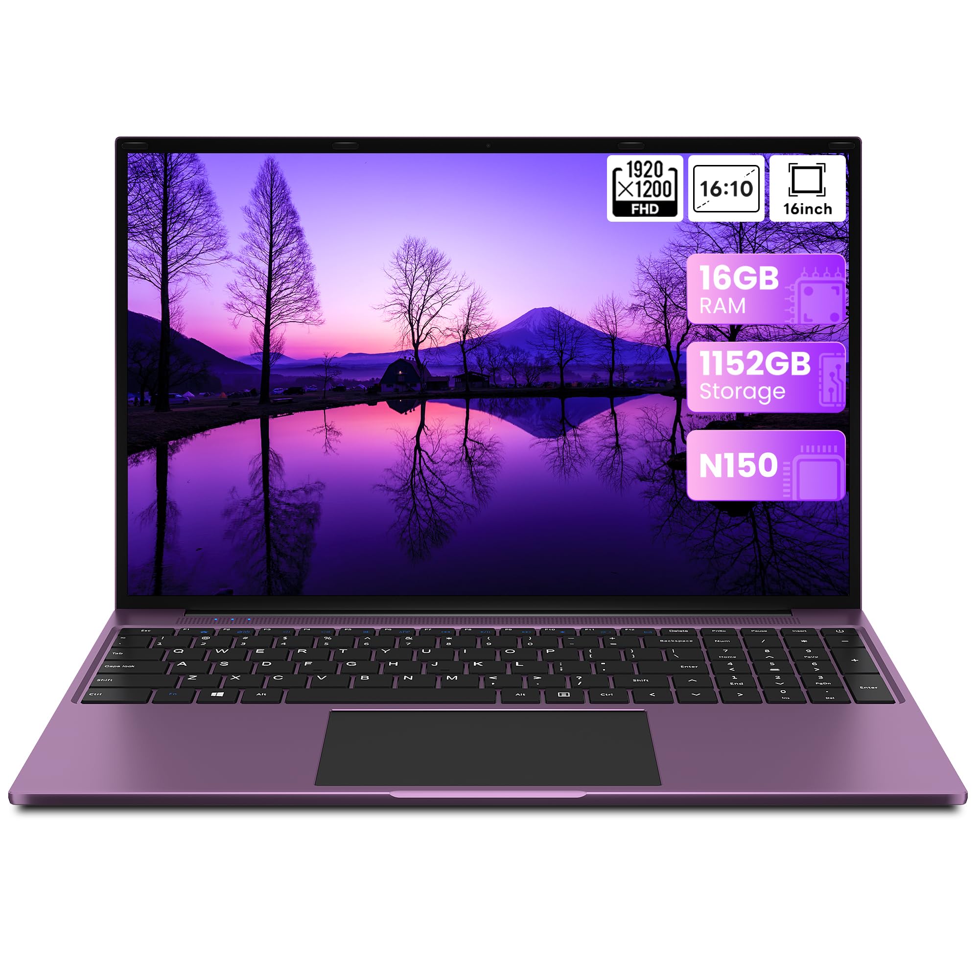 jumper 16 Inch Laptop,12th N150 Processor,1200P IPS Display,1-Year Office 365, 16GB DDR4, 1TB SSD 128GB ROM, Windows 11 Computer, tubro Boost 3.6GHz,Wi-Fi 5, Type-C, Purple