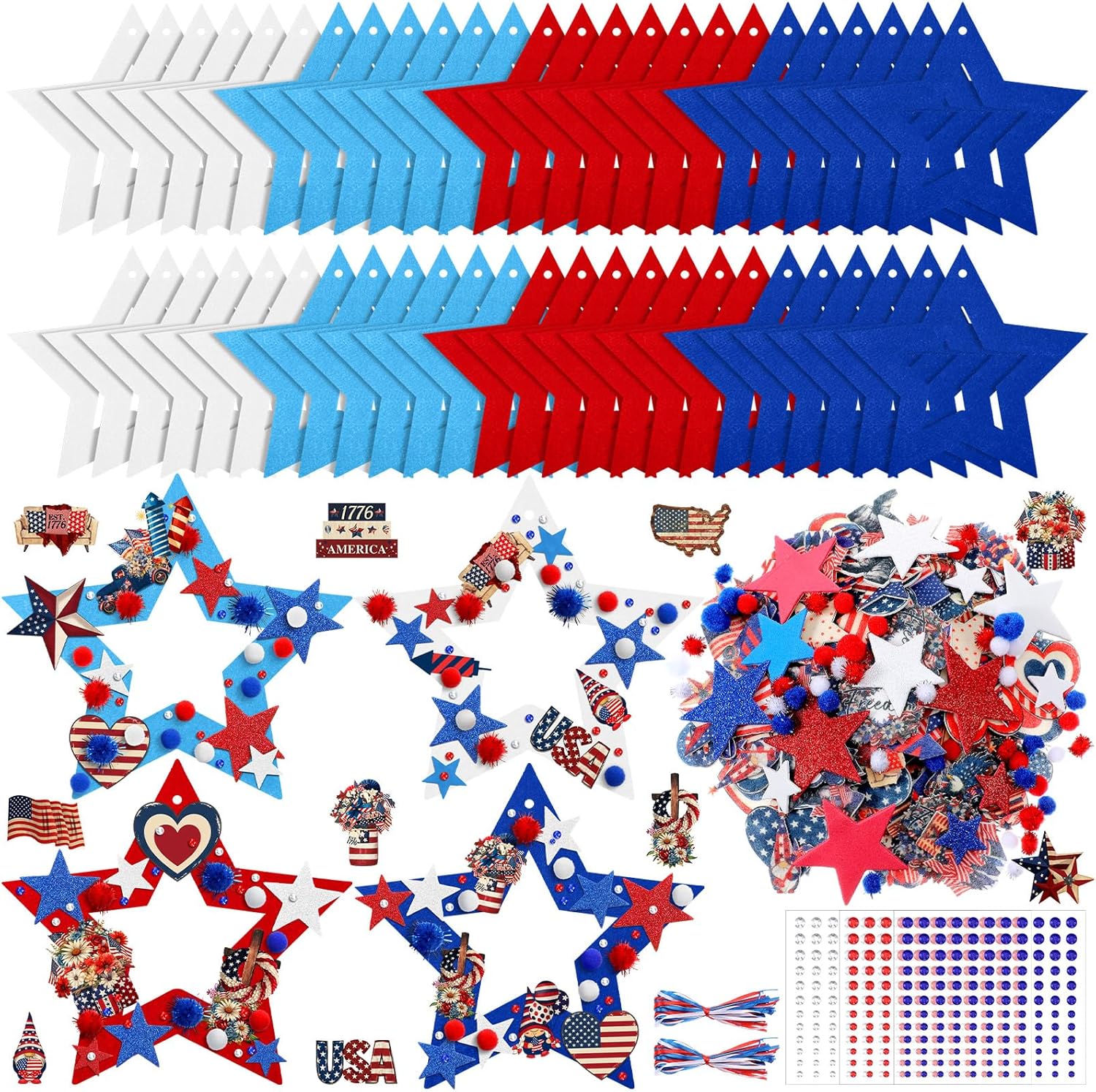 SmoothNovelty 405 Pcs 4th of July DIY Craft Kits Memorial Day Crafts Wreaths Patriotic Wreath Kits 32 Pcs Foam Wreath with 373 Patriotic Stickers for 250th Anniversary Independence Day Party Supplies