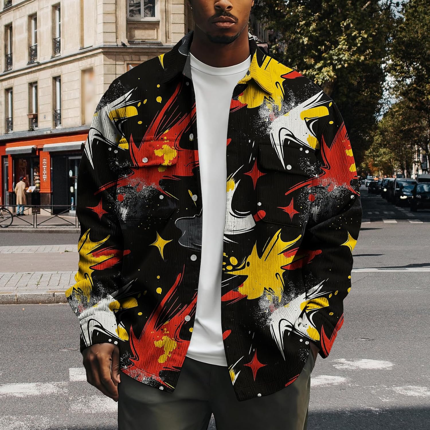 ZOCAVIA Mens Graffiti Shirt Jacket Button down Jacket Long Sleeve Cool Graphic Coat Vintage Shacket Outerwear with Pockets
