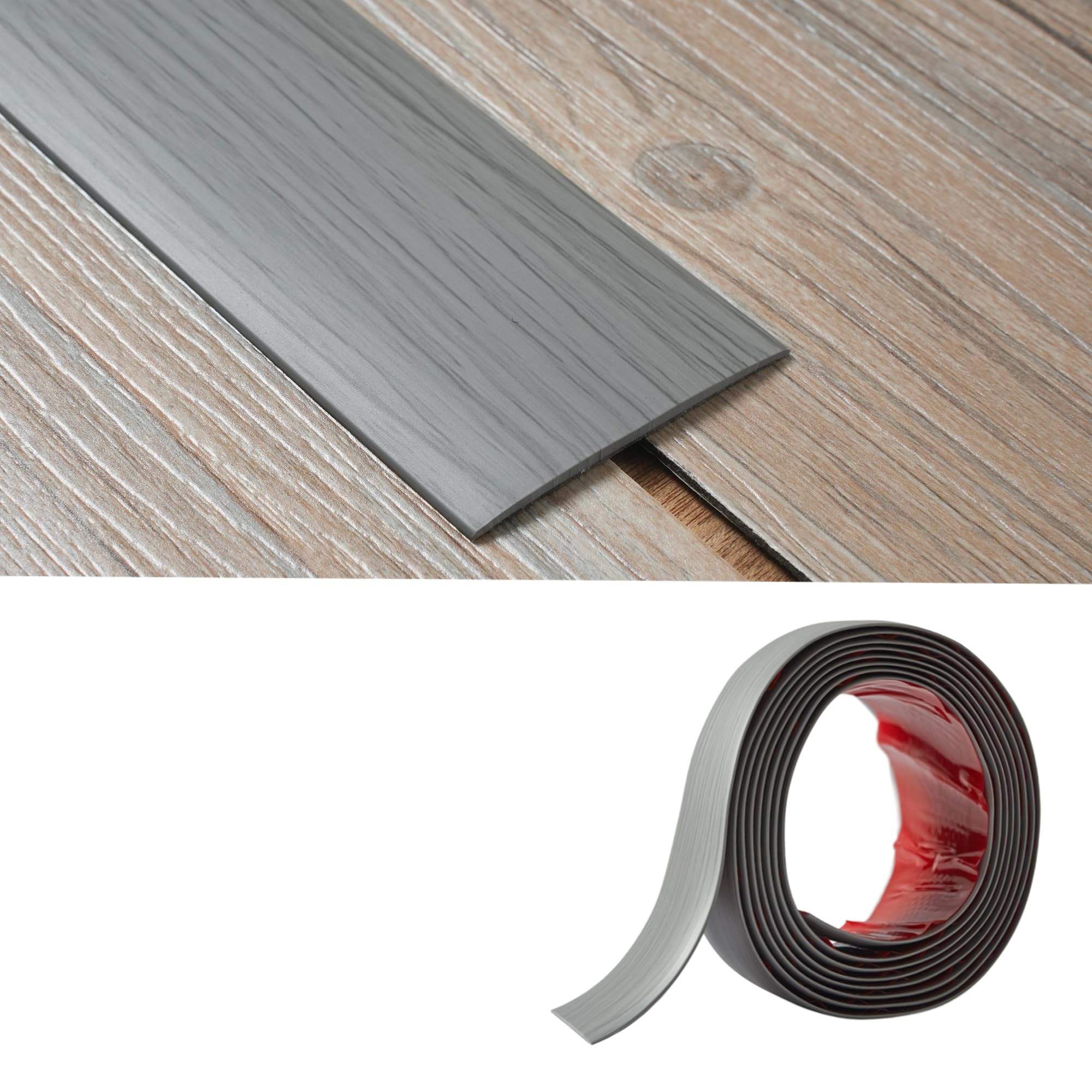 Perfil de transición de suelo plano, autoadhesivo, 2 mm de grosor, 5 cm de ancho, perfil de transición para umbrales de puerta, vinilo laminado, tiras separadoras de suelos, 2 m, grano de madera gris
