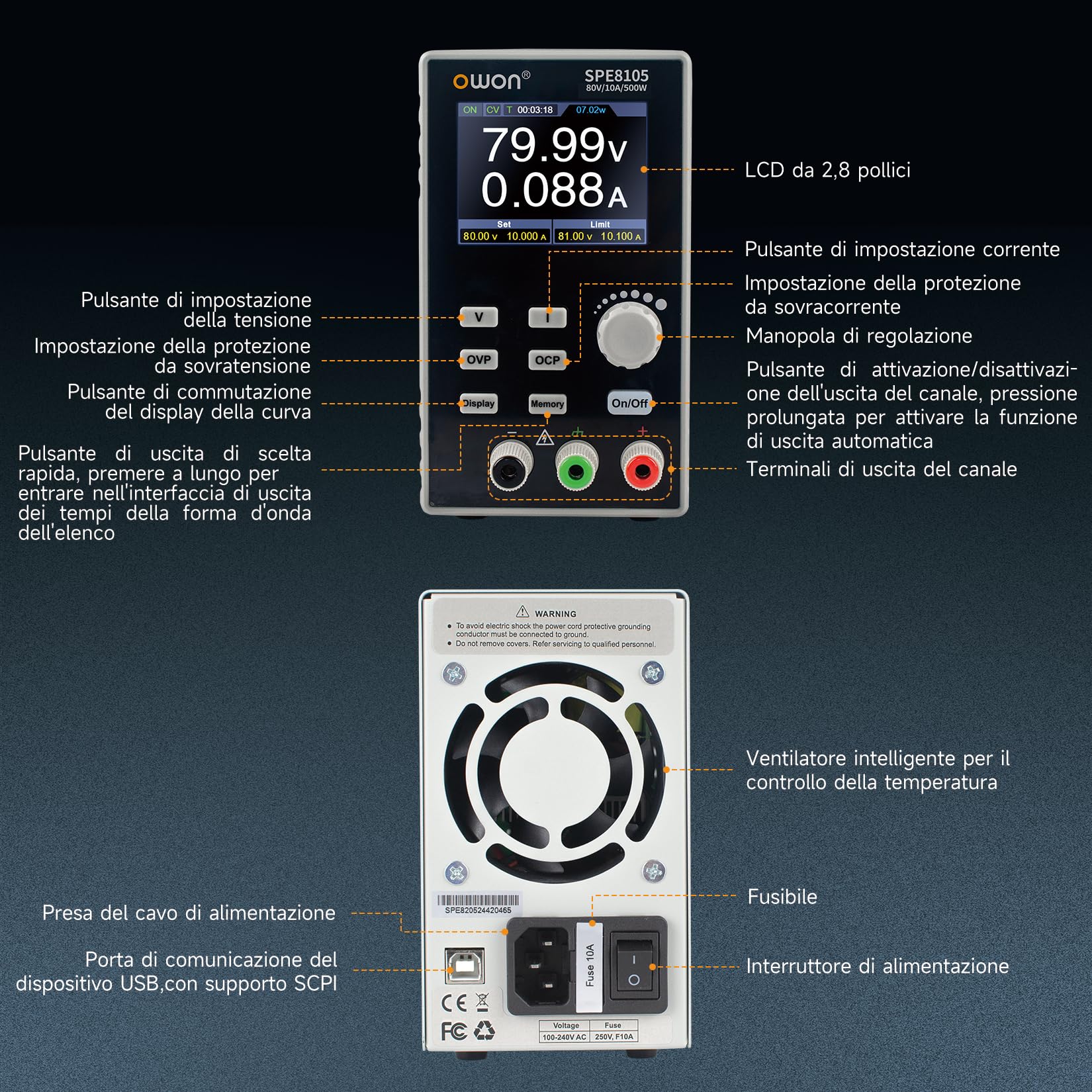 OWON Alimentatore da laboratorio (0-80 V, 0-10 A), alimentatore DC programmabile con potenza di uscita max. 500 W, display LCD da 2,8 pollici e pulsante di attivazione/disattivazione uscita SPE8105