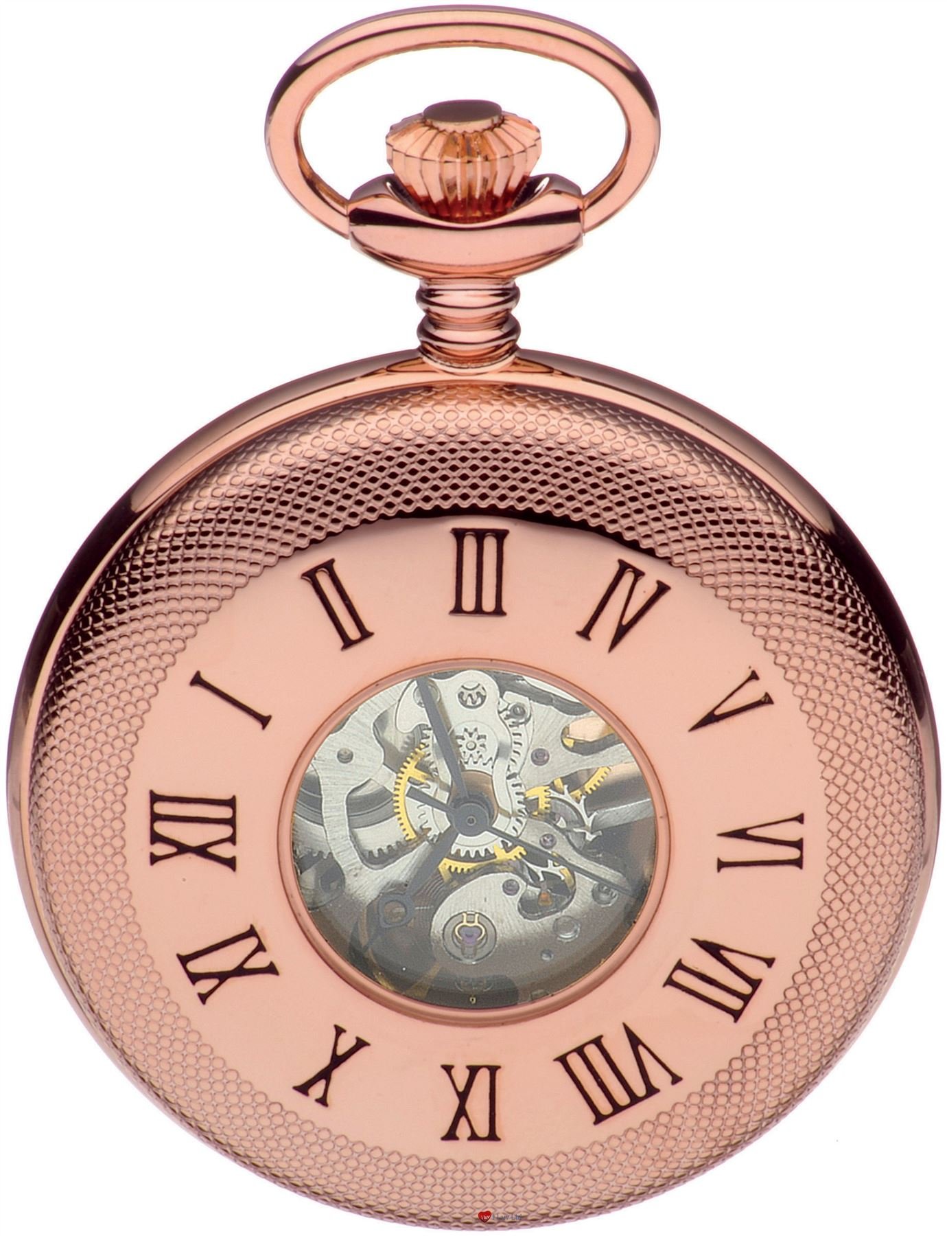 I LUV LTD Skeleton Half Hunter Pocket Watch Rose Gold Plated - 17 Jewel Mechanical - Box