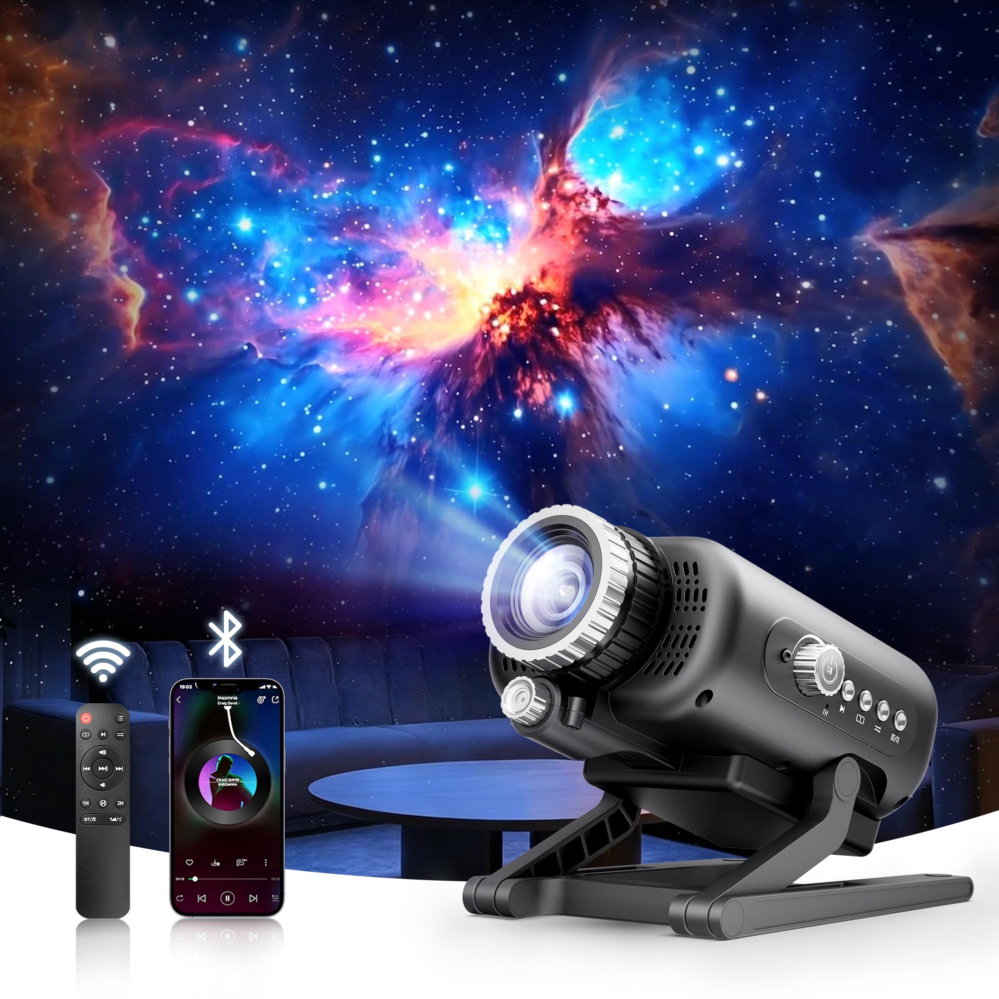 Homelist LED Galaxy Projector with Timer & Focus Knob for Kids & Adults, 60 Scenes Star Projector Night Light with White Noise & Bluetooth Speaker for Bedroom, Birthday Gifts and Home Decor.