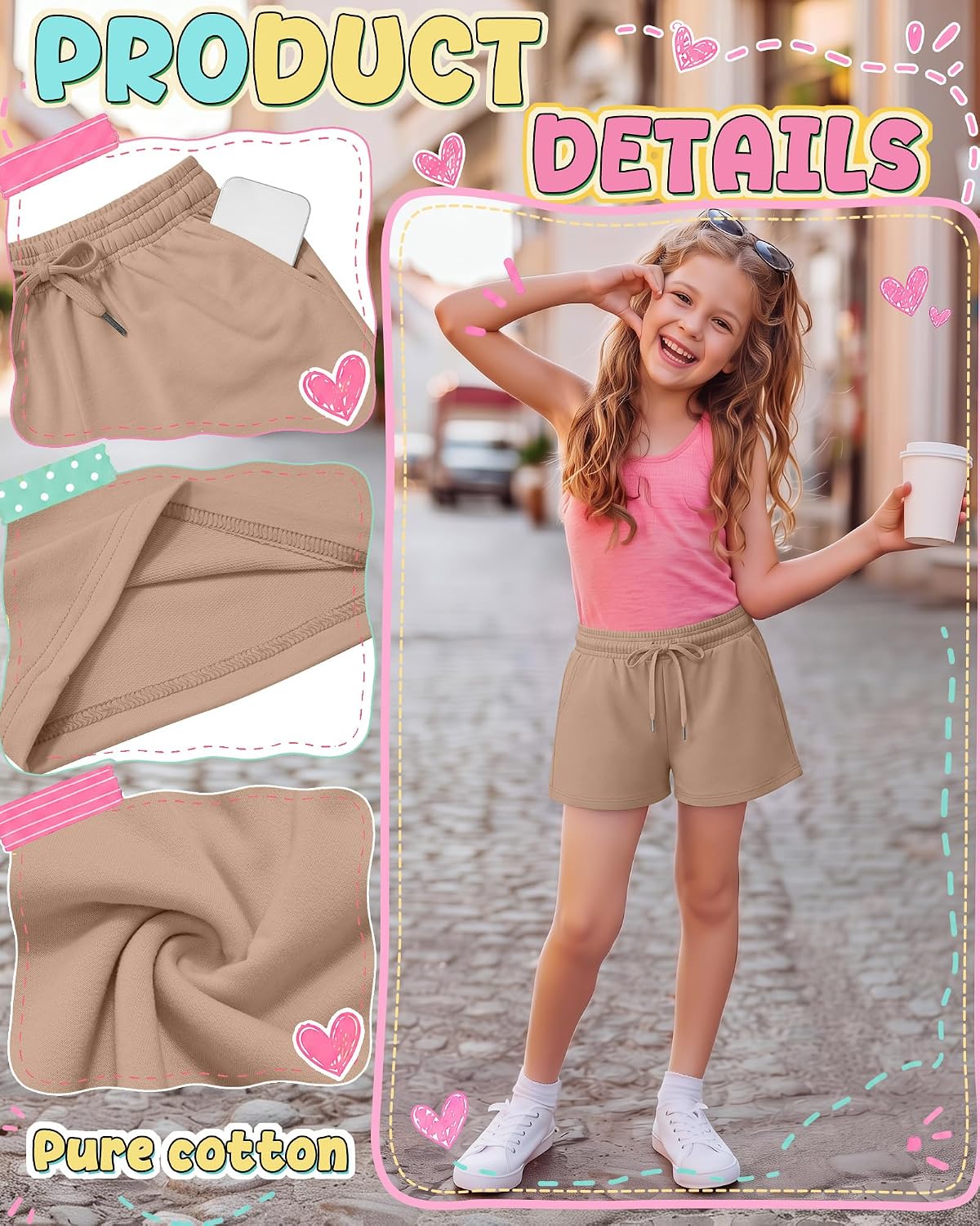 Xaatren 5 Pack Girls' Shorts Wide Leg Sweats | Back to School Athletic Shorts, Drawstring, Side Pockets, Ages 5-15 Years, Elastic Waist, Running, Workout, Casual Summer